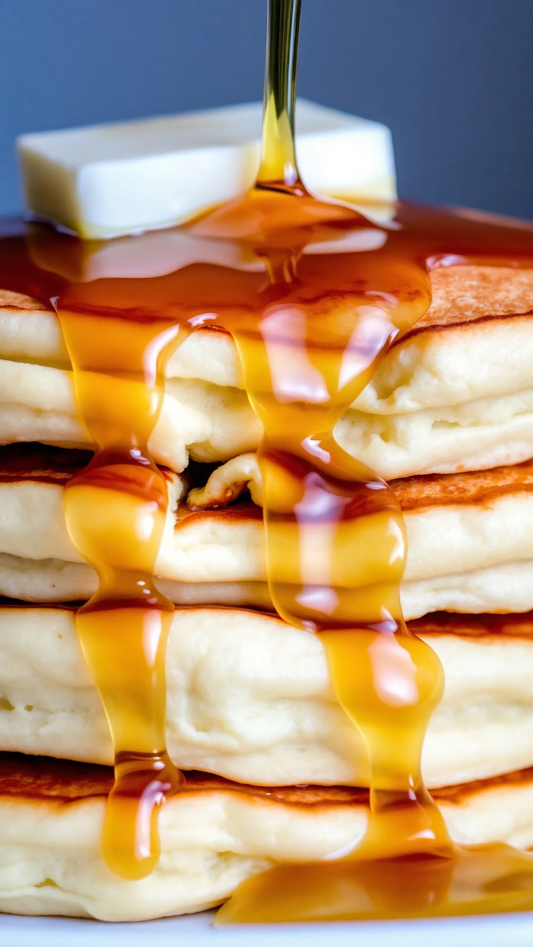 Close-up macro shot of perfectly stacked buttermilk pancakes with melting butter and golden maple syrup cascade, fluffy textu