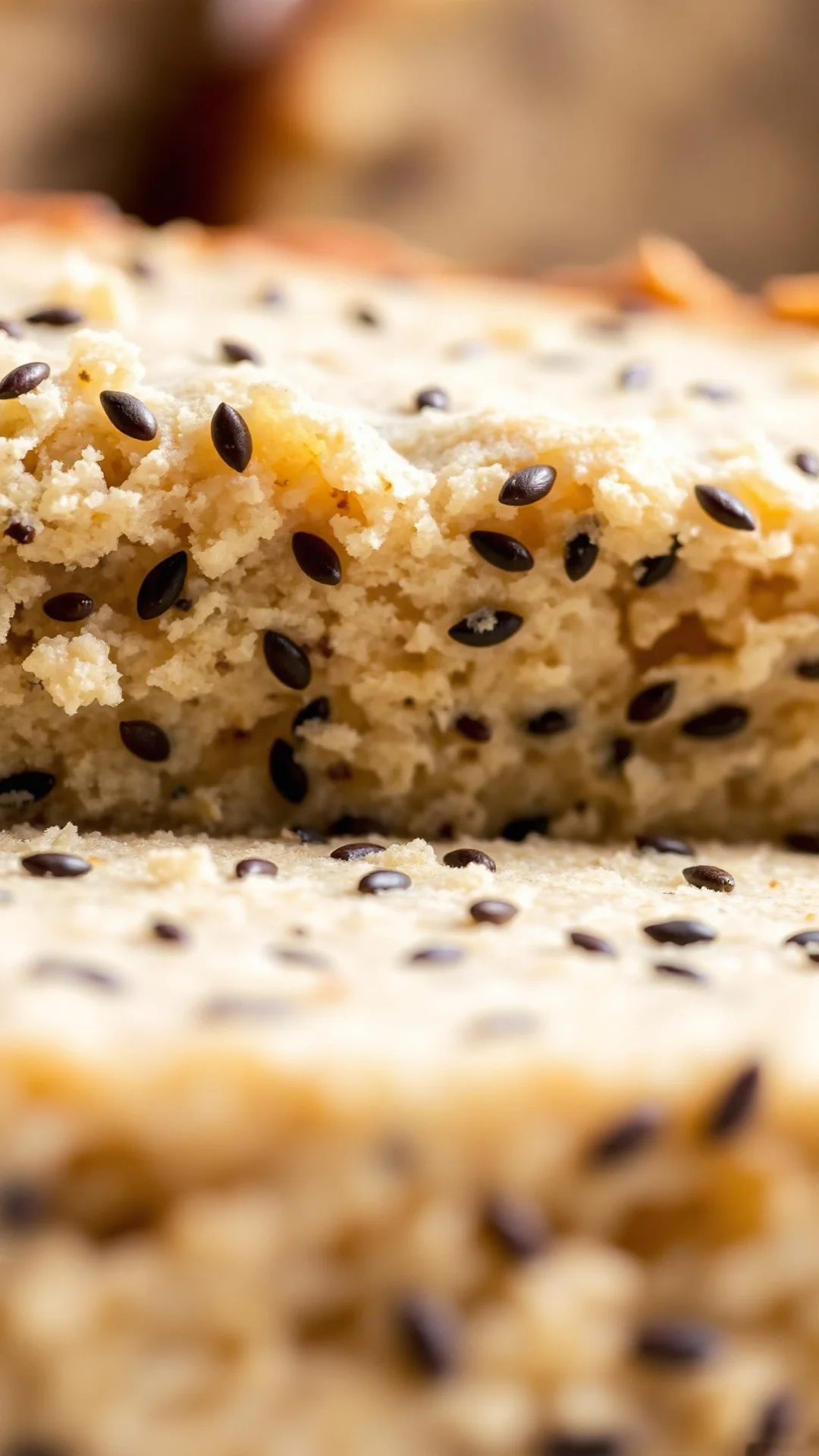 Close-up macro shot of poppy seed cake slice showing moist crumb structure, poppy seeds scattered throughout, fluffy interior