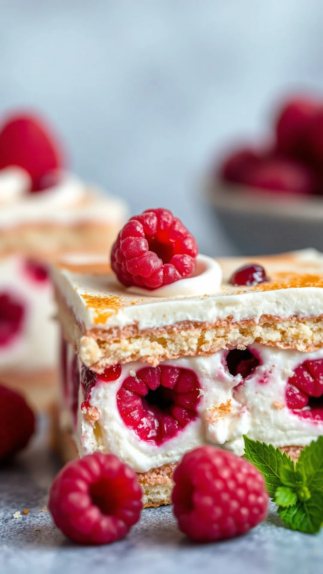 Close-up macro shot of raspberry tiramisu slice showing layers of mascarpone cream, ladyfinger biscuits, and fresh vibrant re