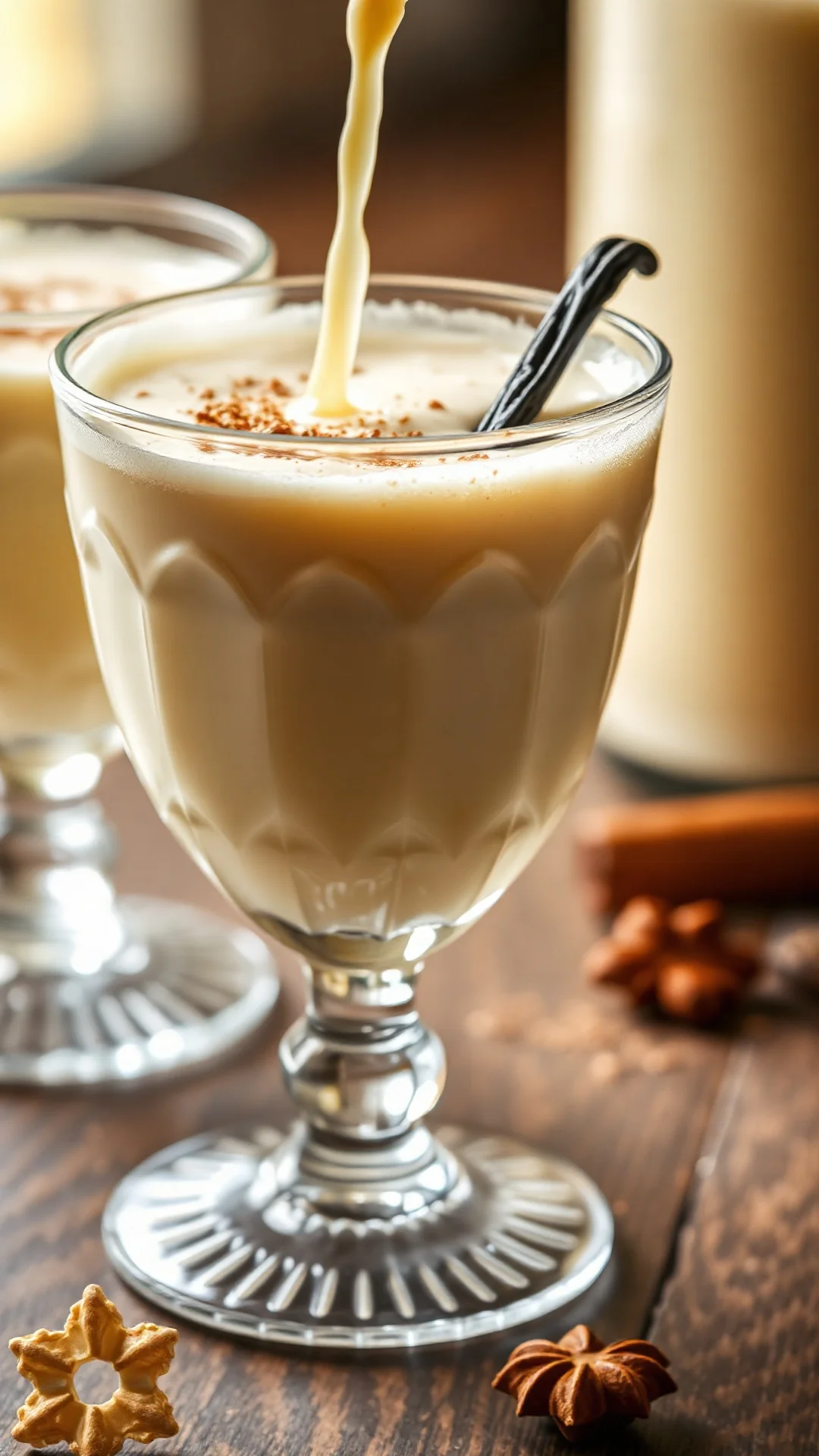 Close-up macro shot of rich creamy eggnog being poured into vintage crystal glass, golden liquid texture visible, vanilla bea