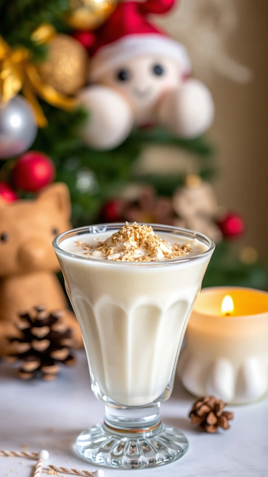 Close-up macro shot of rich creamy eggnog in crystal glass with grating of nutmeg on top, luxurious golden color, bokeh backg