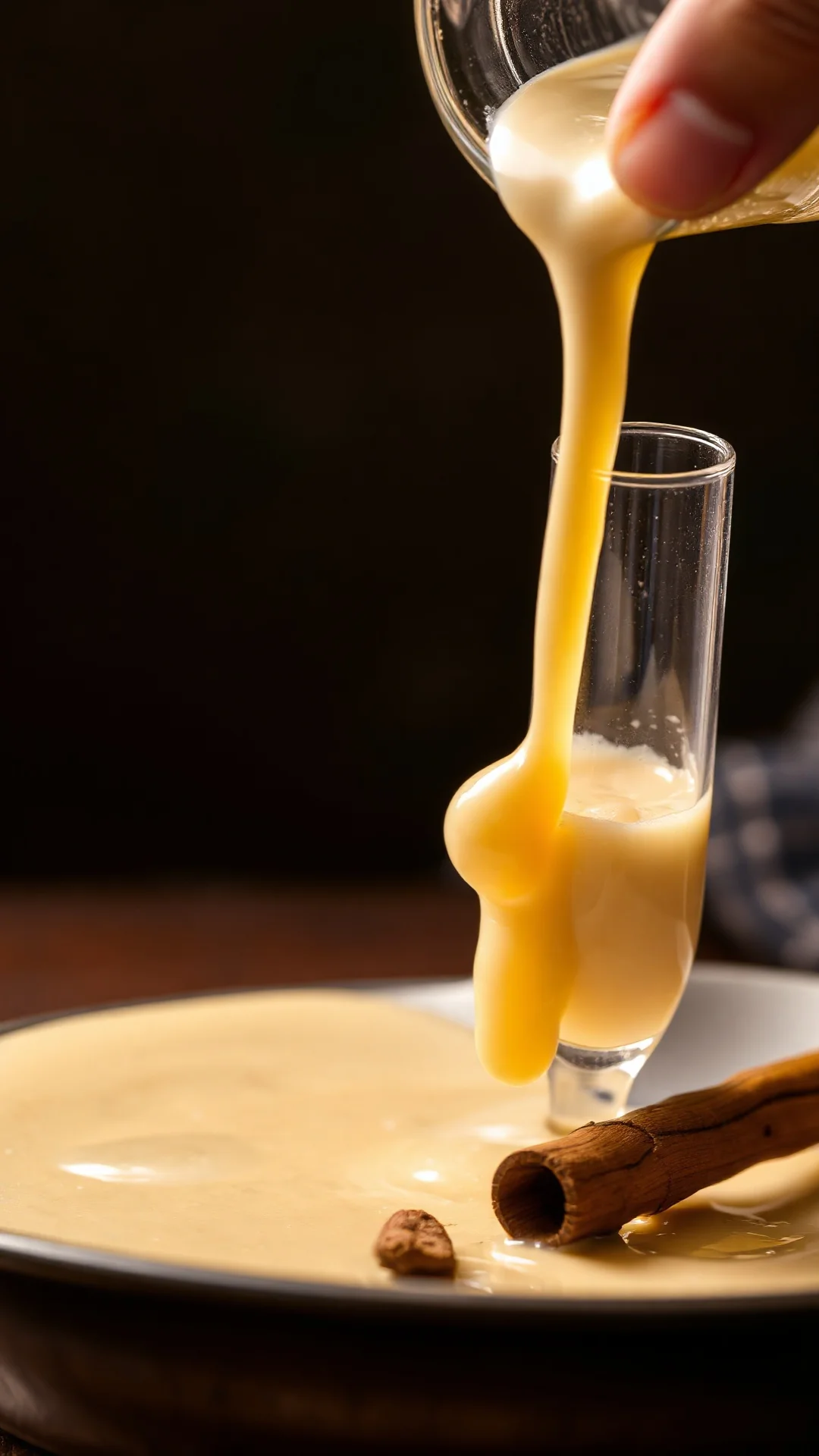 Close-up macro shot of rich creamy golden eggnog liqueur being poured into frosted crystal glass, smooth luxurious texture vi