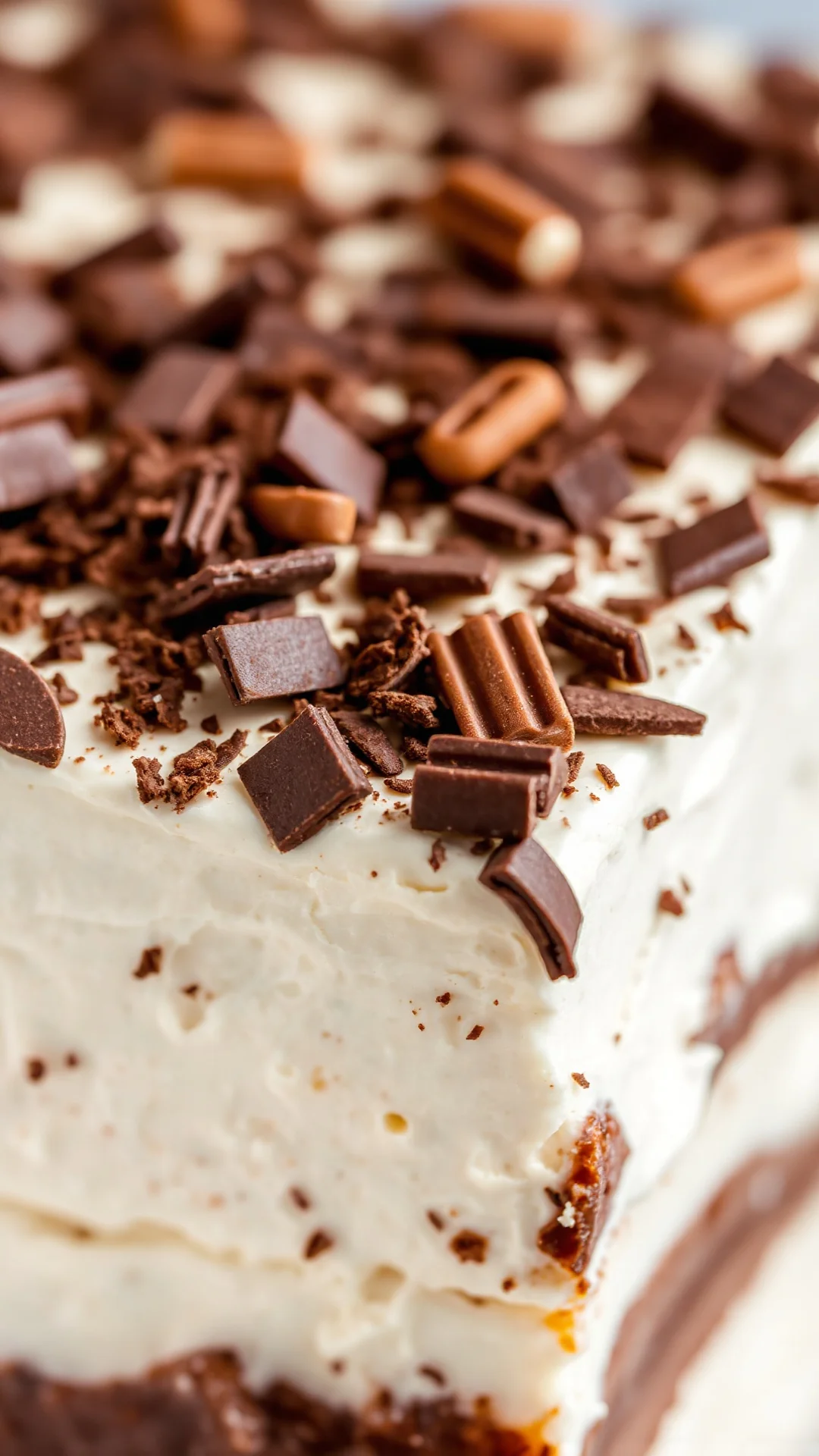 Close-up macro shot of rich tiramisu cream layers, mascarpone and coffee soaked ladyfingers, chocolate shavings, creamy textu