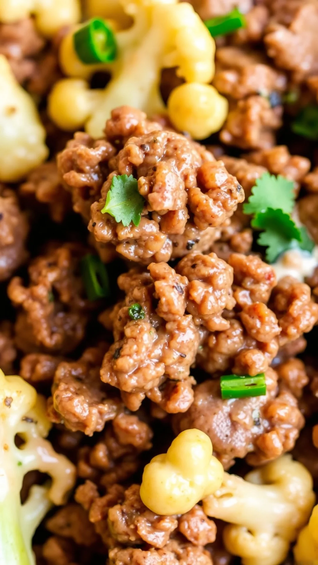 Close-up macro shot of seasoned ground beef with tender cauliflower florets and creamy sauce, golden brown meat texture, appe