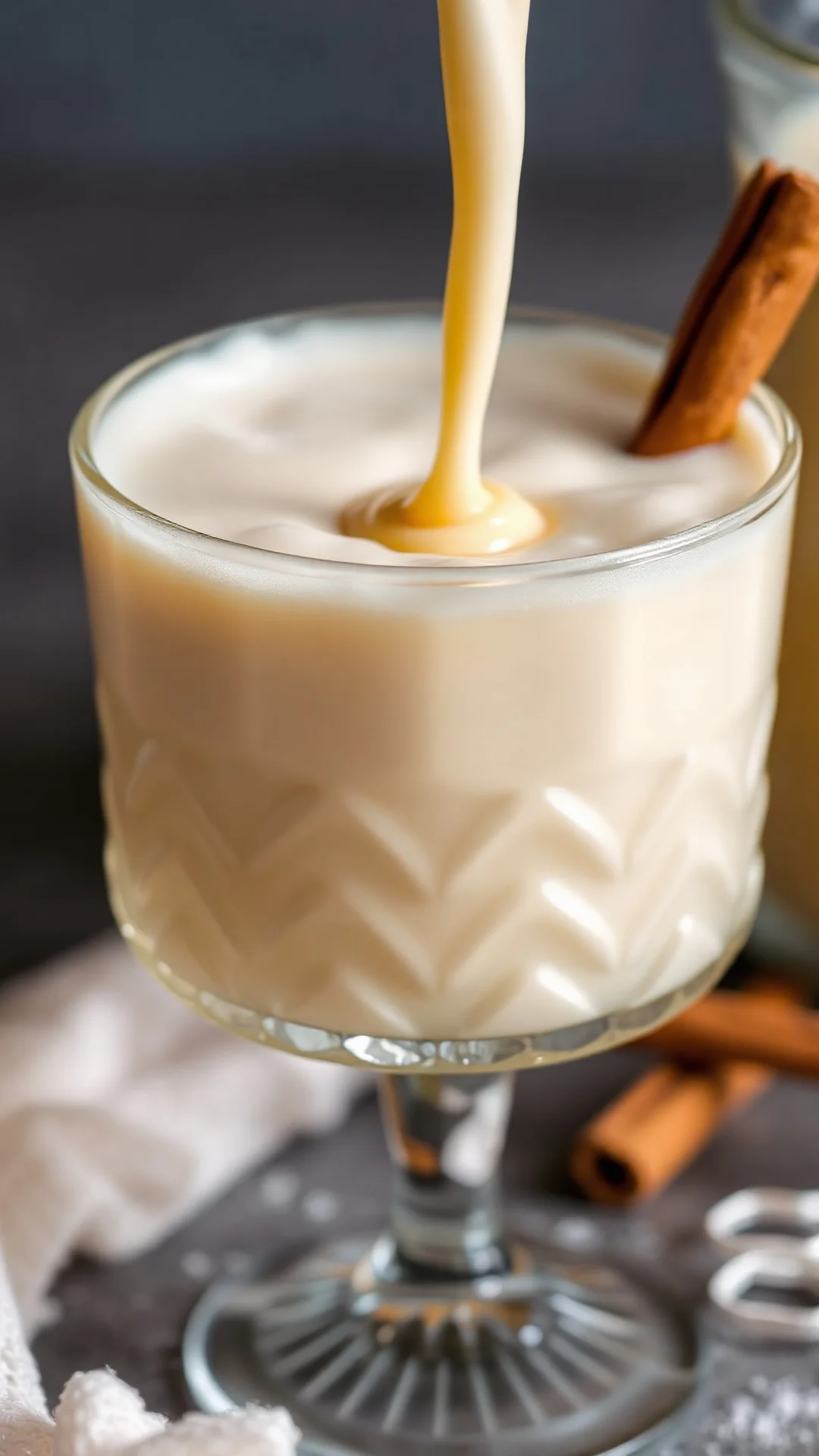 Close-up macro shot of silky smooth eggnog texture in crystal glass with foam top, cinnamon stick garnish, creamy golden liqu