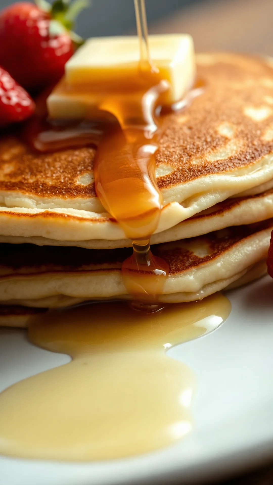Close-up macro shot of single fluffy pancake stack with melting butter, warm syrup cascading down, golden crispy edges, fresh