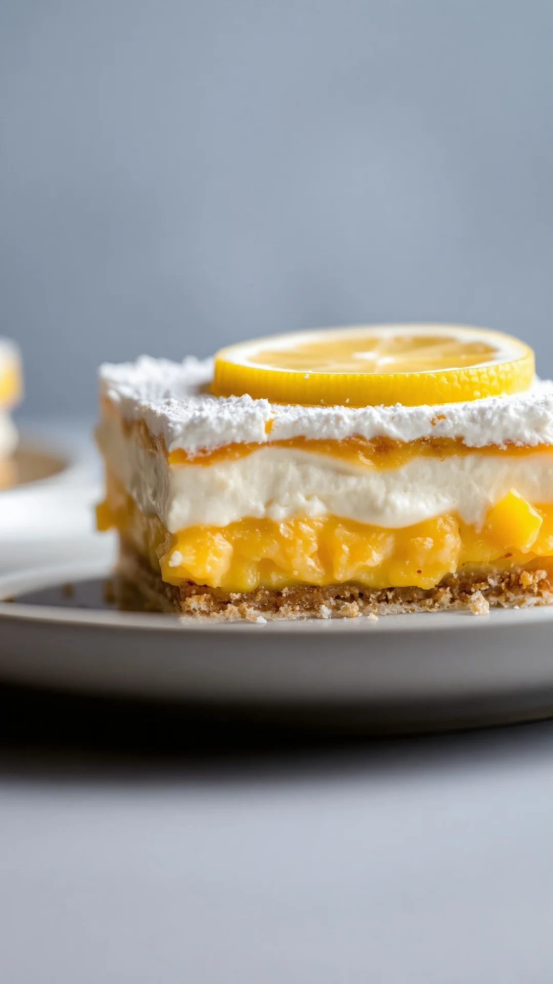 Close-up macro shot of single lemon tiramisu portion on white plate, creamy mascarpone layers highlighted, dusted with powder