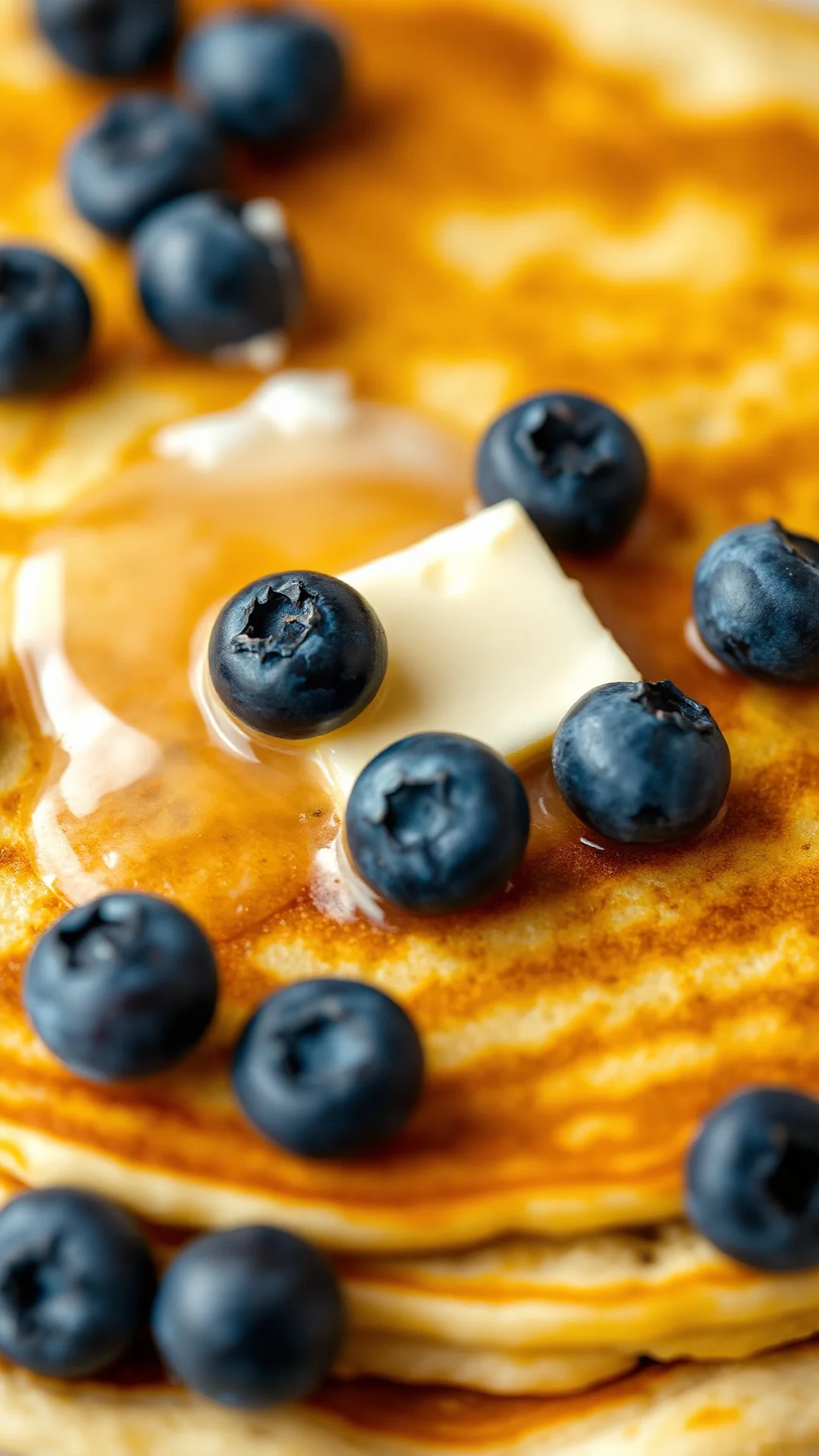 Close-up macro shot of single low carb pancake with melting butter, fresh blueberries scattered on top, fluffy texture visibl