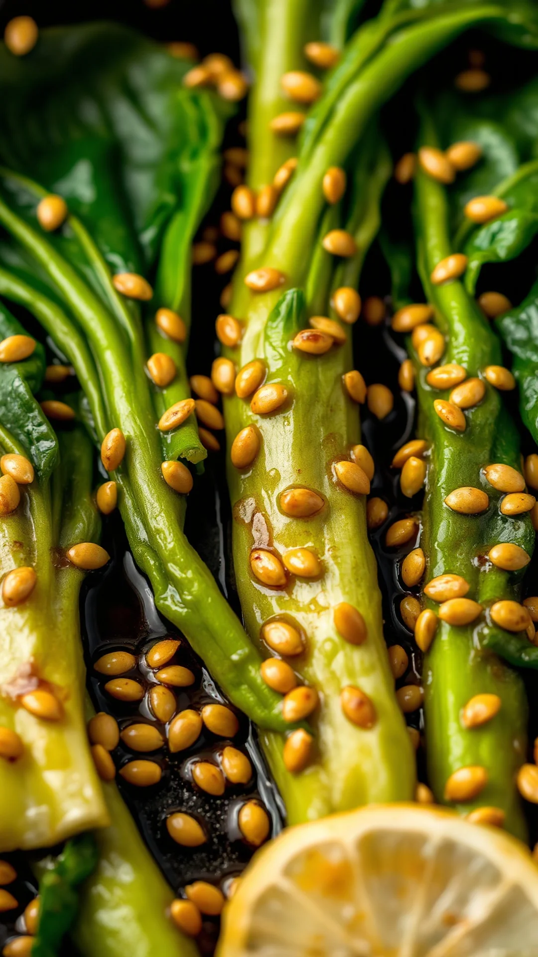 Close-up macro shot of sizzling pak choi in wok with golden sesame seeds, droplets of soy sauce, ginger slices, vibrant green