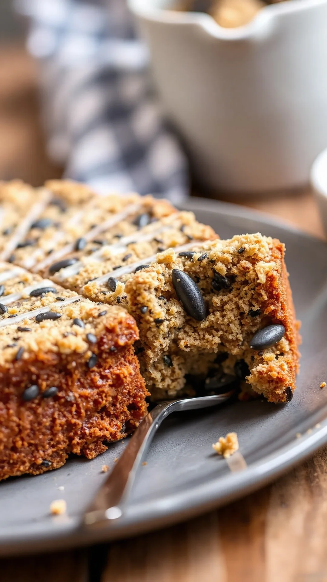Close-up macro shot of sliced DDR poppy seed cake, creamy poppy filling visible, crunchy streusel topping detail, rustic vint