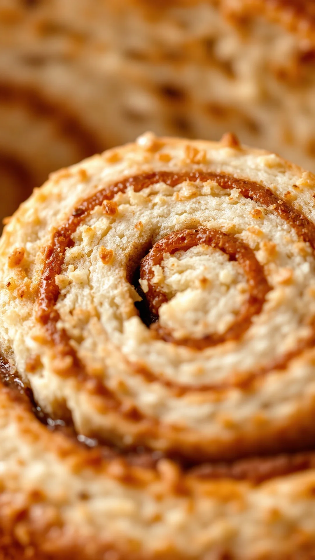 Close-up macro shot of sliced vegan cinnamon roll showing spiral texture, cinnamon filling swirl, fluffy crumb structure, sof