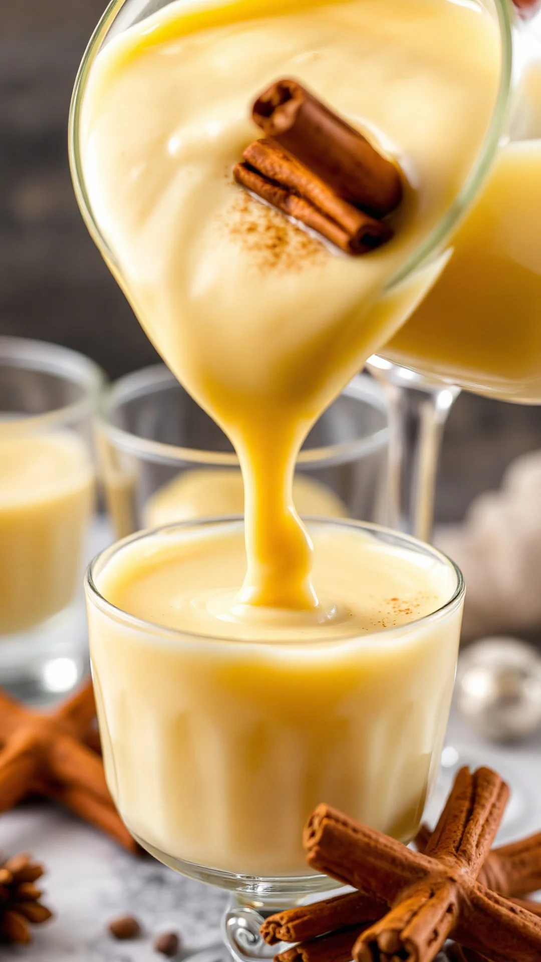 Close-up macro shot of smooth creamy eggnog pouring into crystal glass, showing rich yellow color and luxurious texture, fest