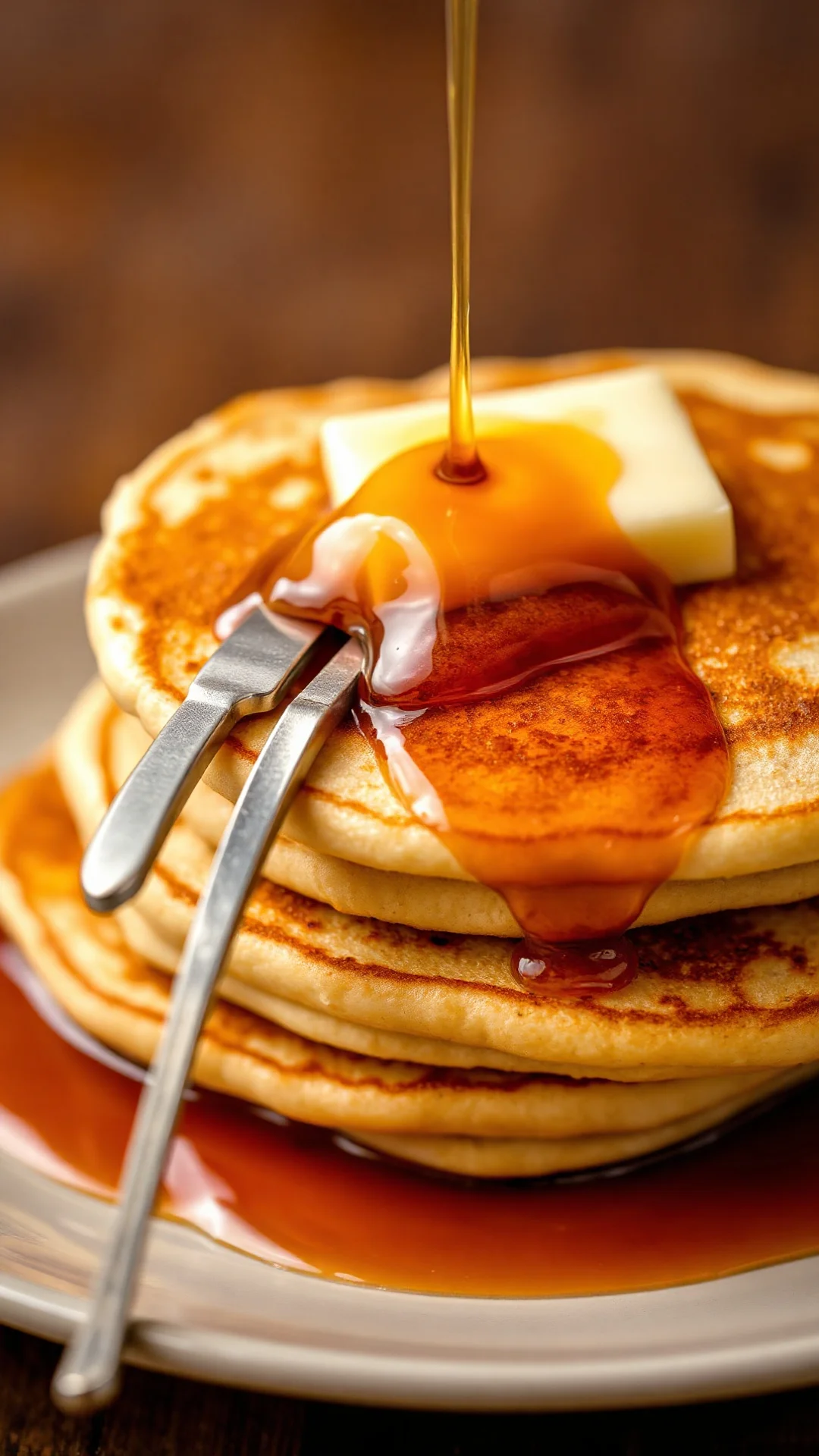 Close-up macro shot of stack of American pancakes with maple syrup pouring down, golden brown edges, butter pad melting, fork