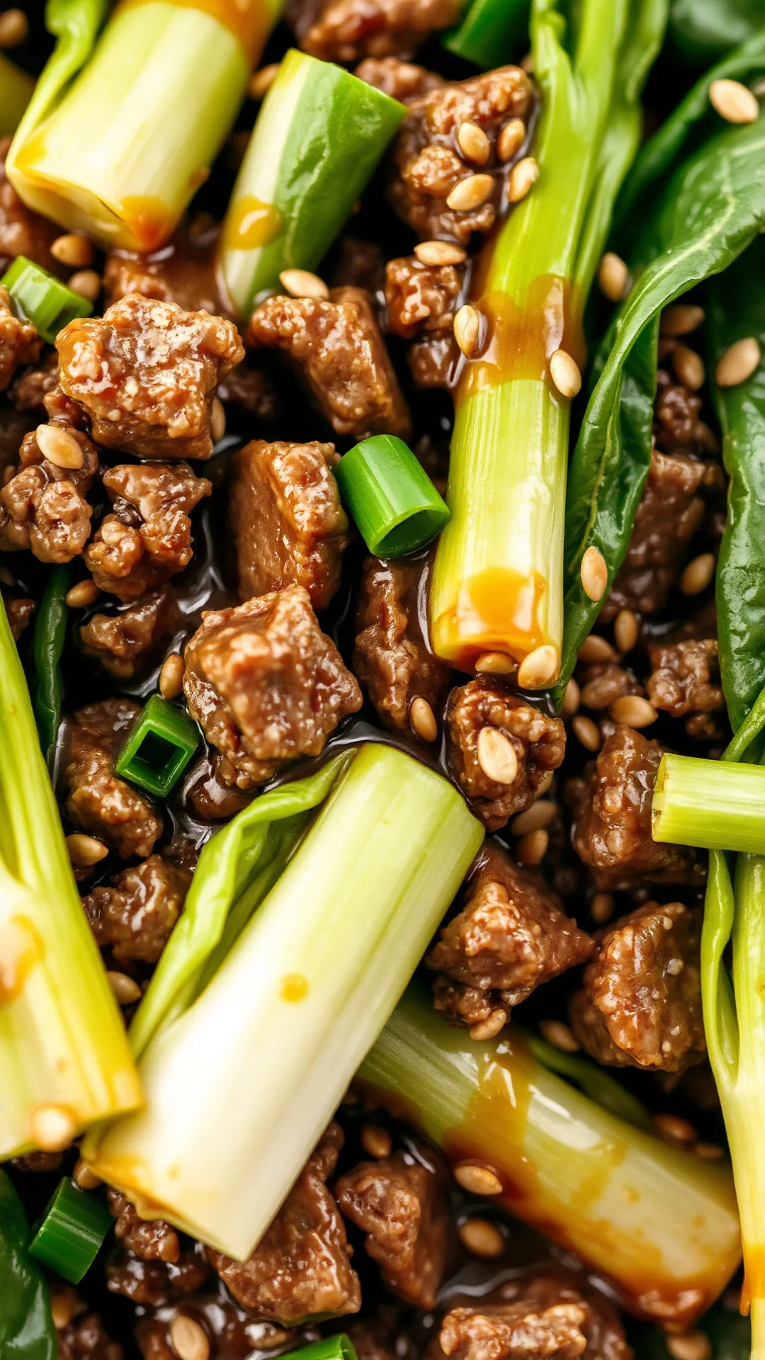 Close-up macro shot of tender pak choi leaves mixed with cooked ground beef, glistening soy sauce, sesame oil drizzle, garnis