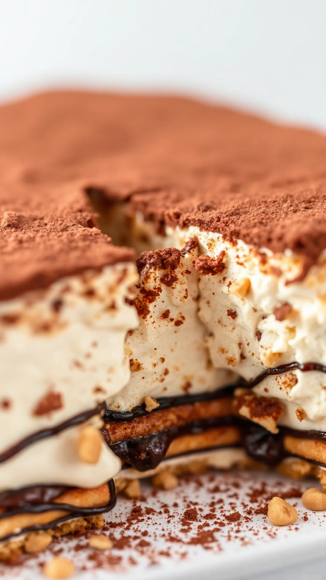 Close-up macro shot of tiramisu cross-section, creamy mascarpone layers, coffee-soaked savoiardi biscuits, rich cocoa powder