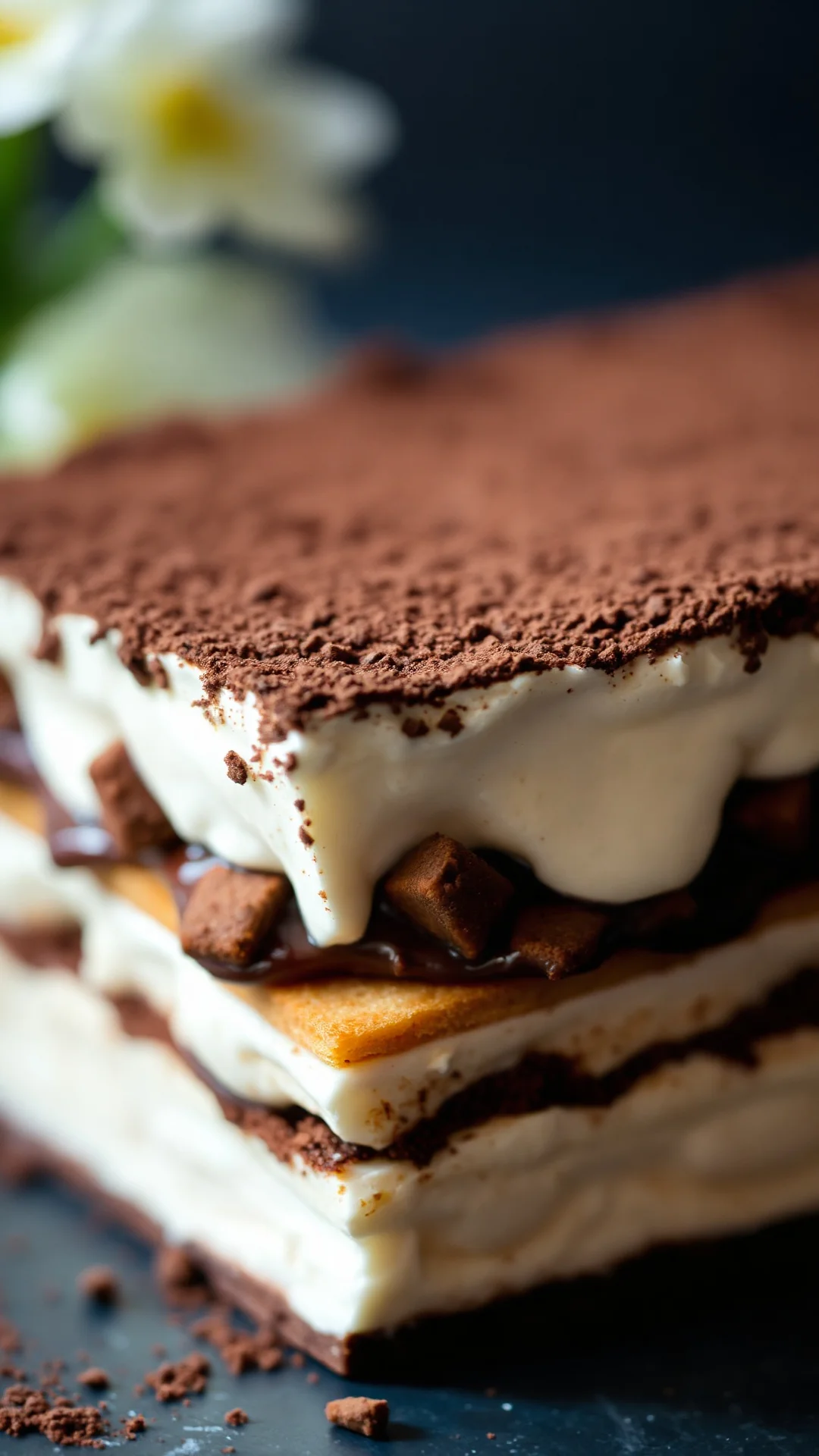 Close-up macro shot of tiramisu layers showing creamy texture, cocoa powder, and coffee-soaked biscuits, shallow depth of fie