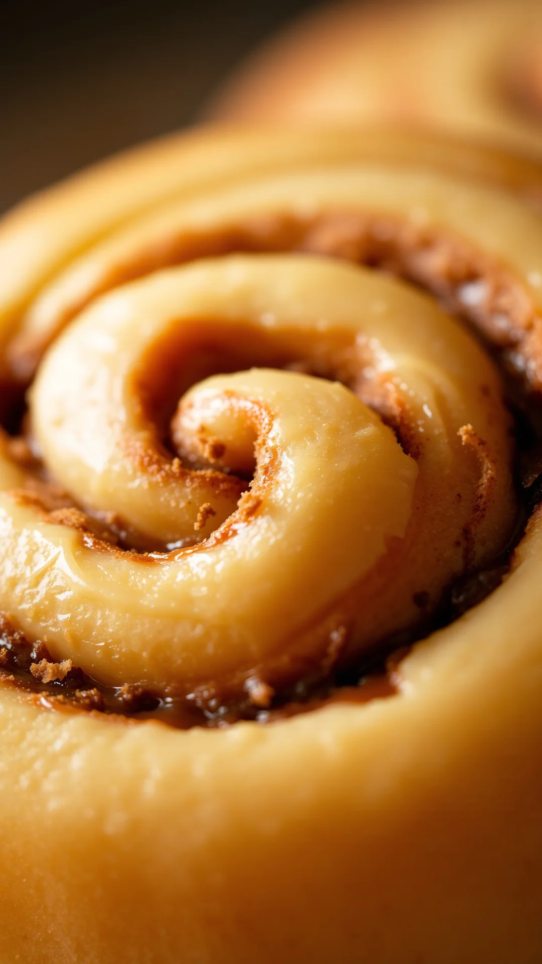 Close-up of a single cinnamon roll without sugar, showing spiral layers and cinnamon filling, soft bakery lighting, macro foo