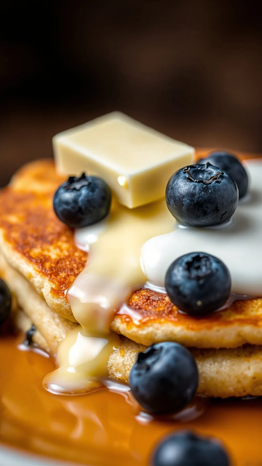 Close-up of a single fluffy pancake with joghurt, melting butter on top, golden brown surface, fresh blueberries, bokeh backg