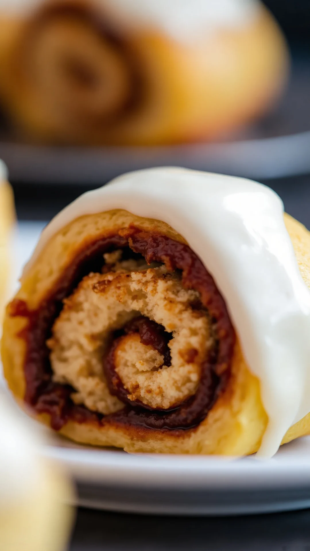 Close-up of a single freshly baked cinnamon roll, golden exterior, layers of cinnamon sugar visible inside, creamy white fros