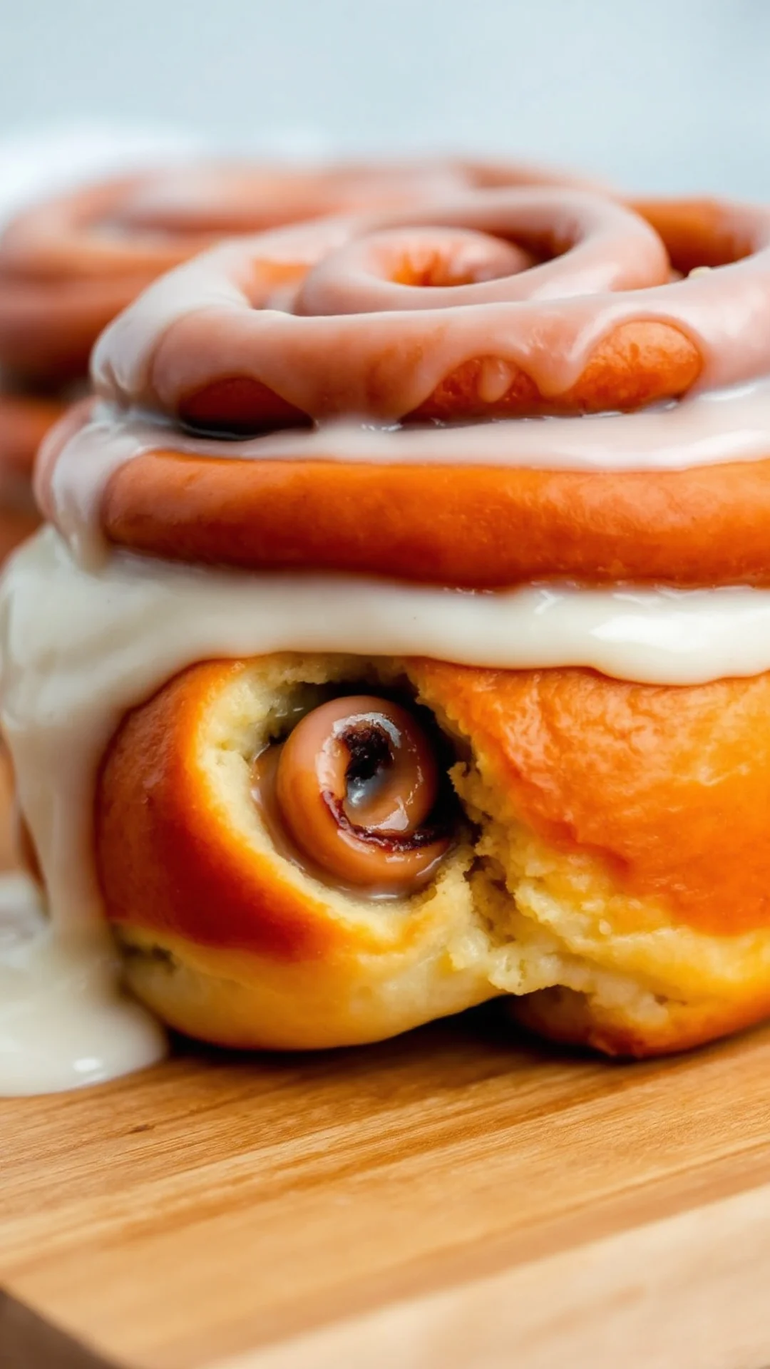 Close-up of a single glazed cinnamon roll with white frosting dripping down, cinnamon swirl visible inside, warm golden-brown