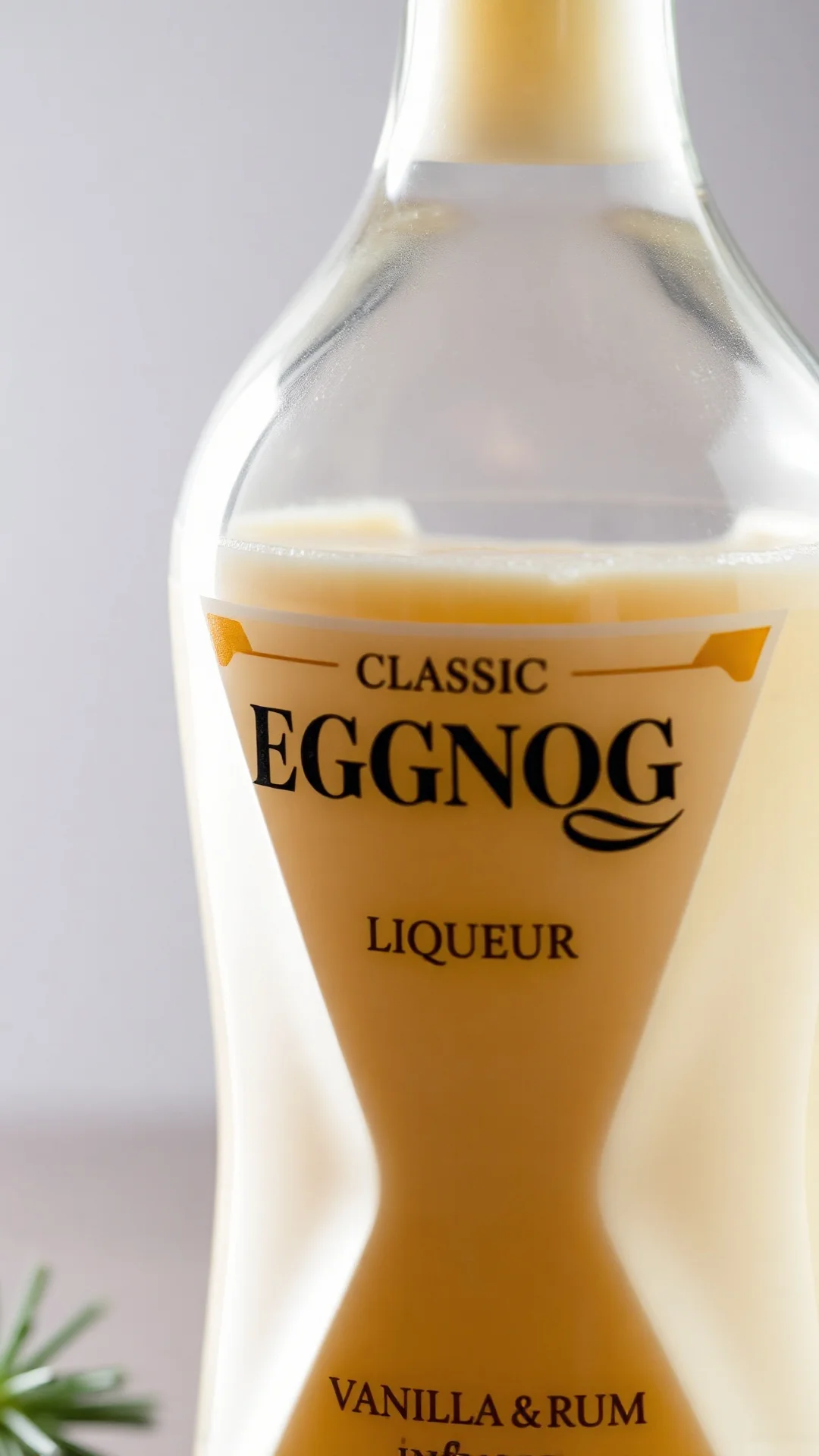 Close-up of classic eggnog liqueur in elegant glass bottle, rich creamy texture, vanilla and rum infused, warm holiday lighti