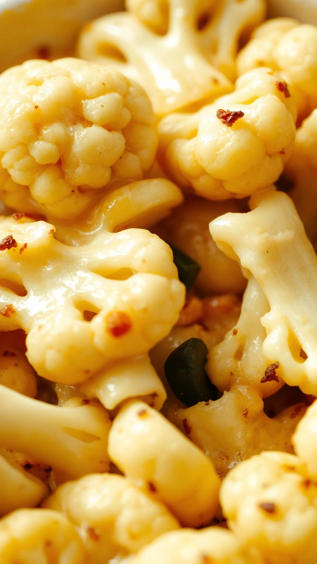 Close-up of creamy cauliflower and potato gratin, melted cheese texture, tender vegetables, steam rising, warm comfort food a