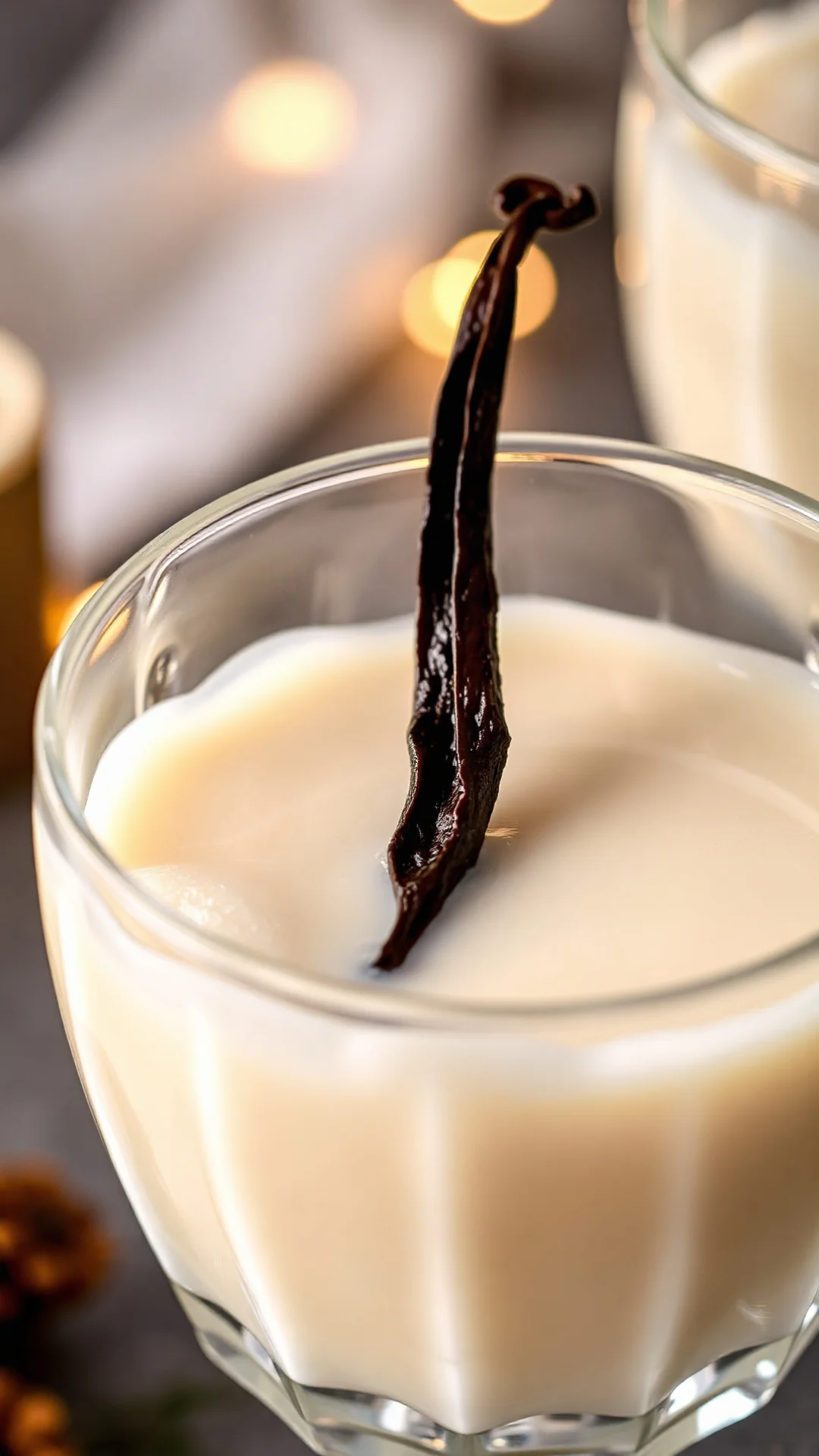 Close-up of creamy eggnog in crystal glass, foam top, vanilla bean visible, soft warm lighting, luxury festive presentation,