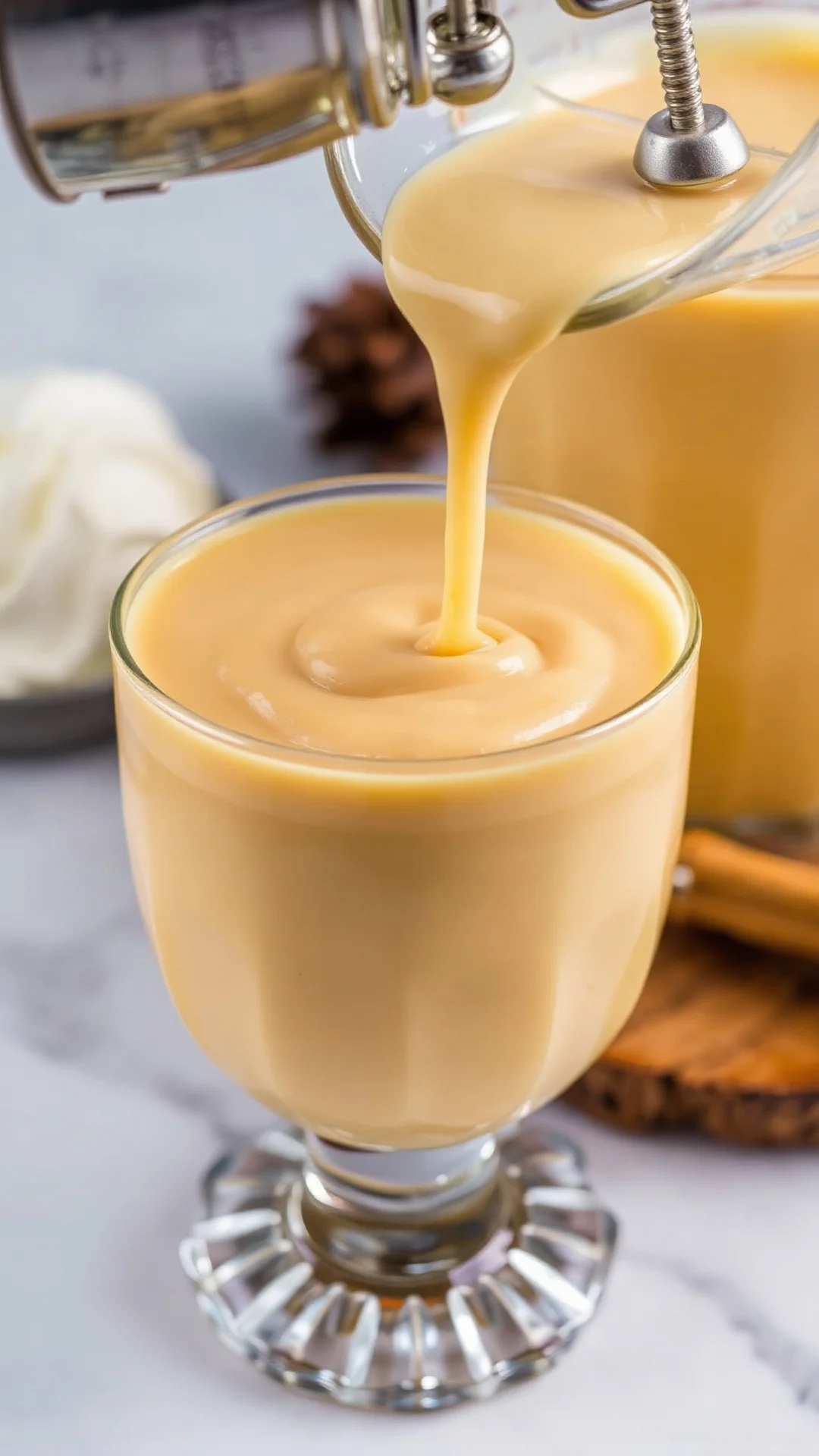 Close-up of creamy eggnog liqueur being poured into a vintage glass, golden brown color with rich texture, warm lighting high