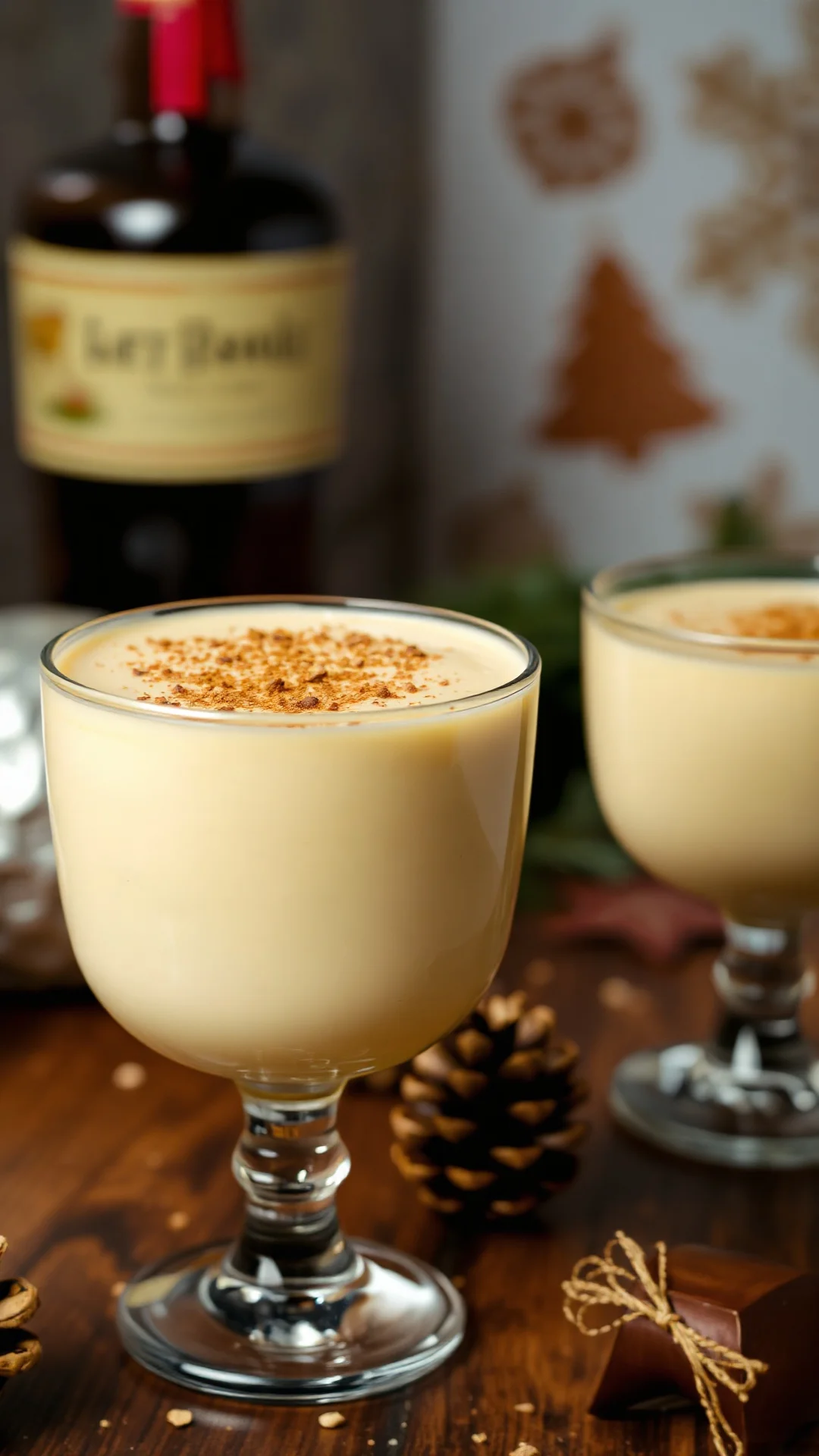 Close-up of creamy golden eggnog with rum in vintage glass, nutmeg garnish on top, rich texture visible, dramatic side lighti