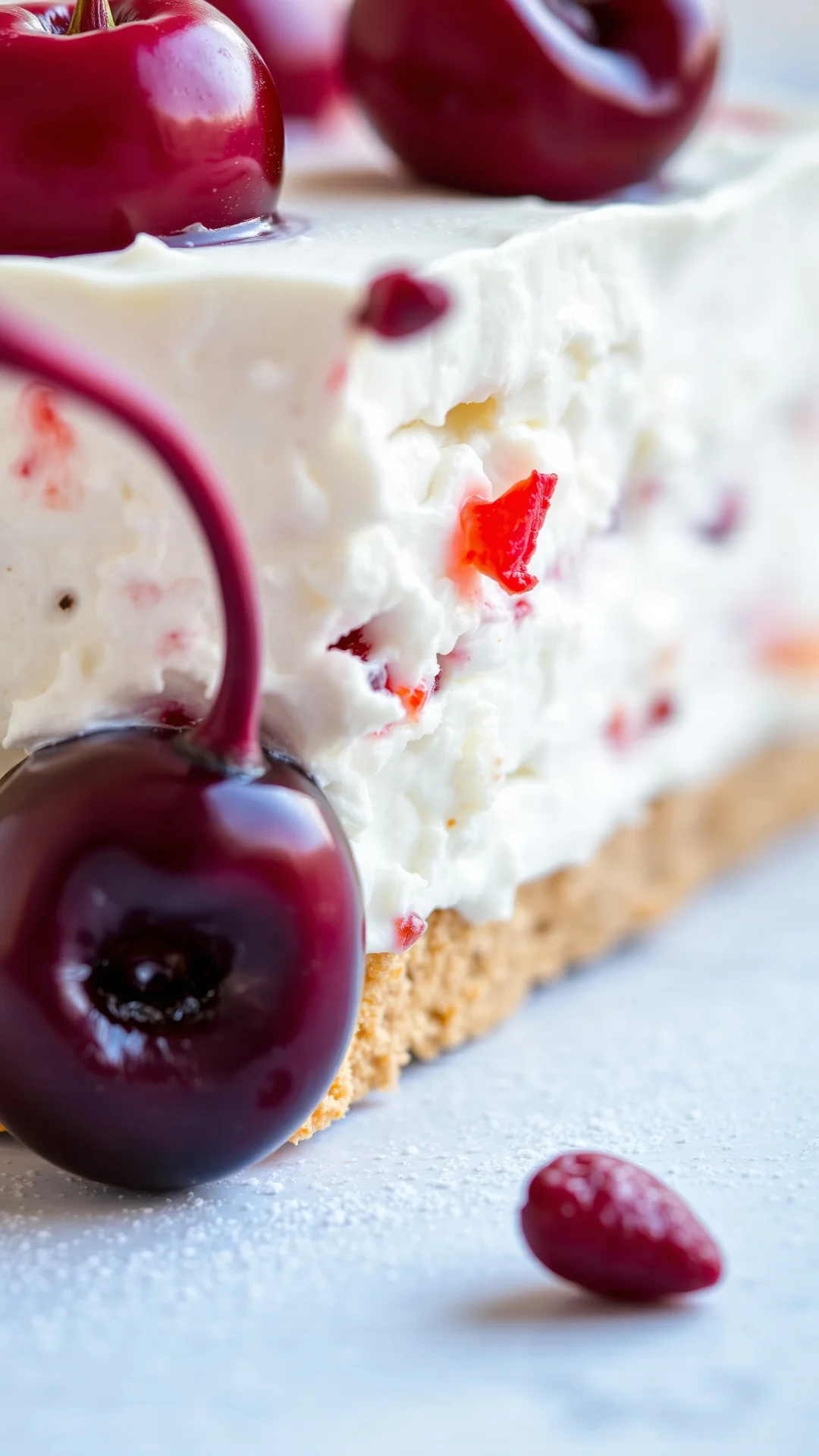Close-up of creamy mascarpone tiramisu layer with fresh cherry fruit, rich texture detail, vibrant red cherries, professional