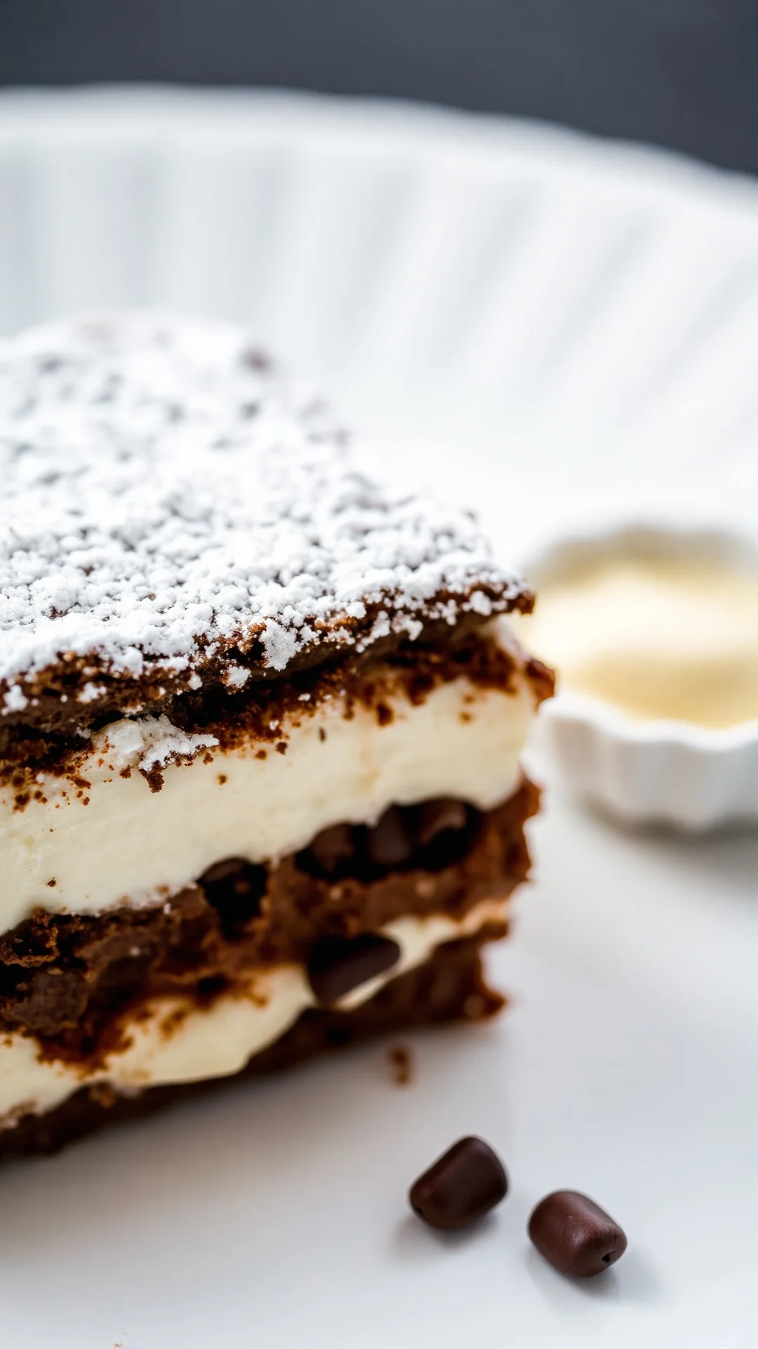 Close-up of creamy mascarpone Tiramisu slice, rich cocoa powder coating, ladyfinger layers visible, Eggnog liqueur, elegant d