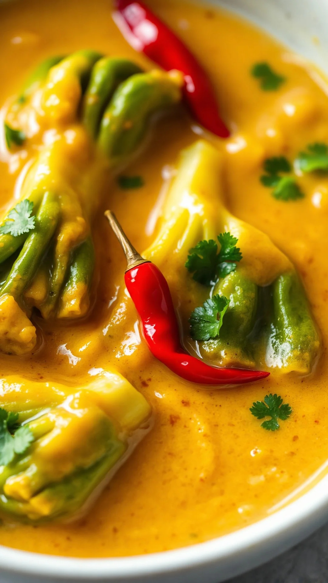 Close-up of creamy pak choi curry, tender bok choy leaves in golden coconut milk sauce, fresh cilantro garnish, red chili pep