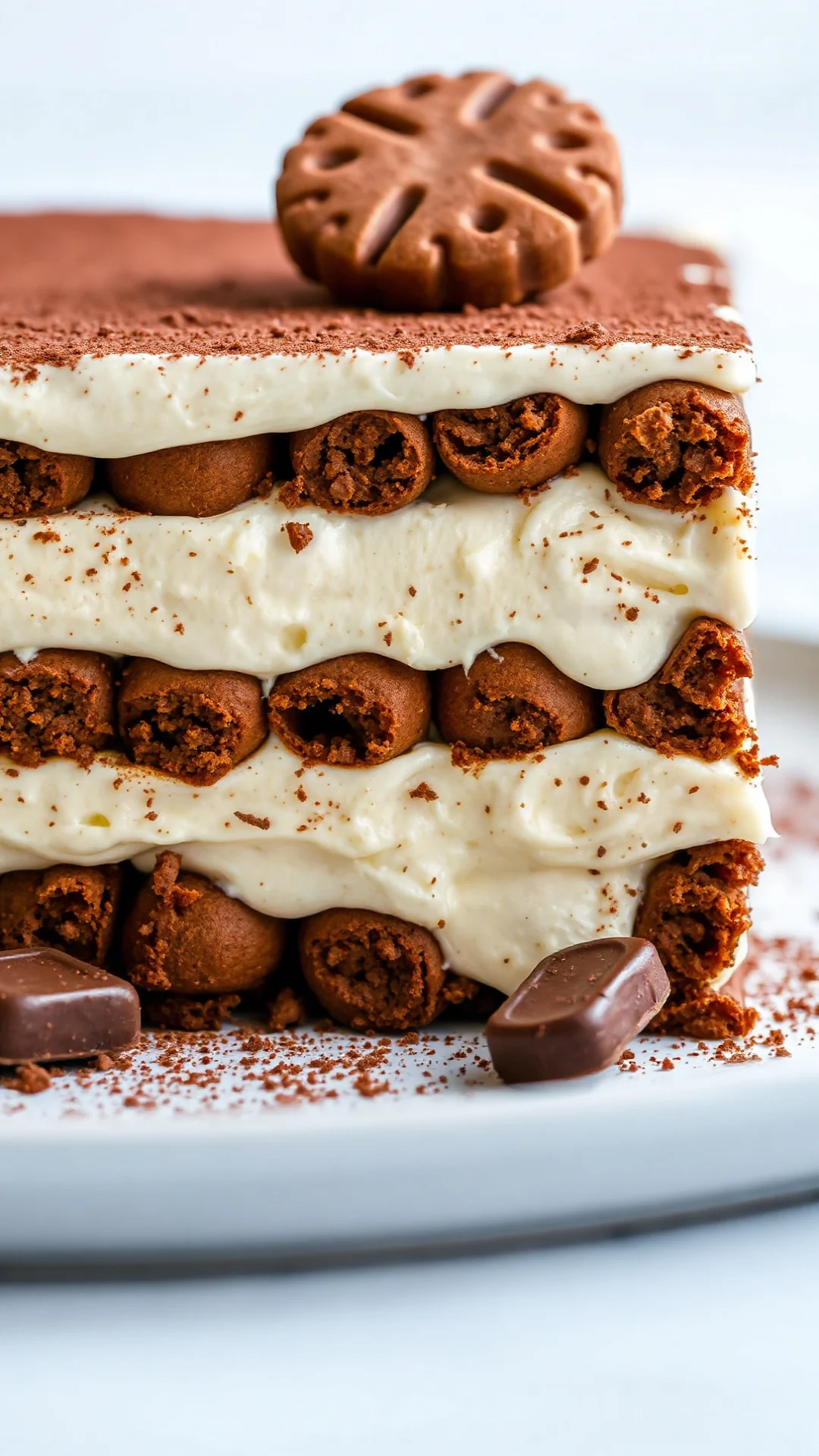 Close-up of creamy Spekulatius Tiramisu layers with cocoa dusting, single spice cookie garnish, rich chocolate details, profe