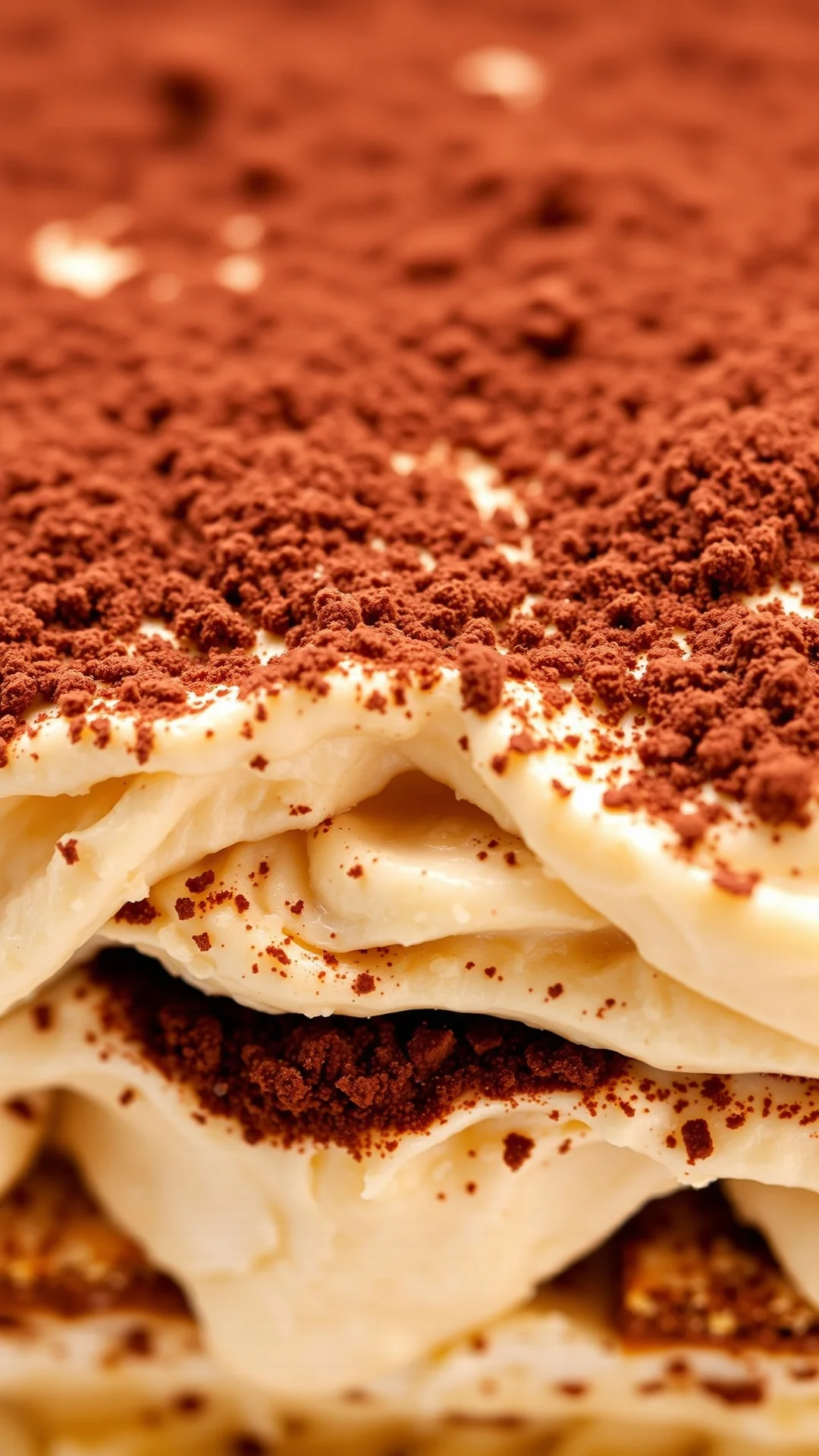 Close-up of creamy Tiramisu layers, mascarpone cream, coffee-soaked ladyfinger biscuits, cocoa powder dusting, detailed textu