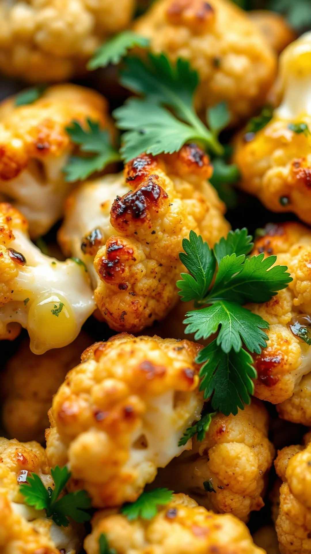 Close-up of crispy roasted cauliflower with fresh parsley garnish, golden brown edges, bubbling oil droplets, soft natural li