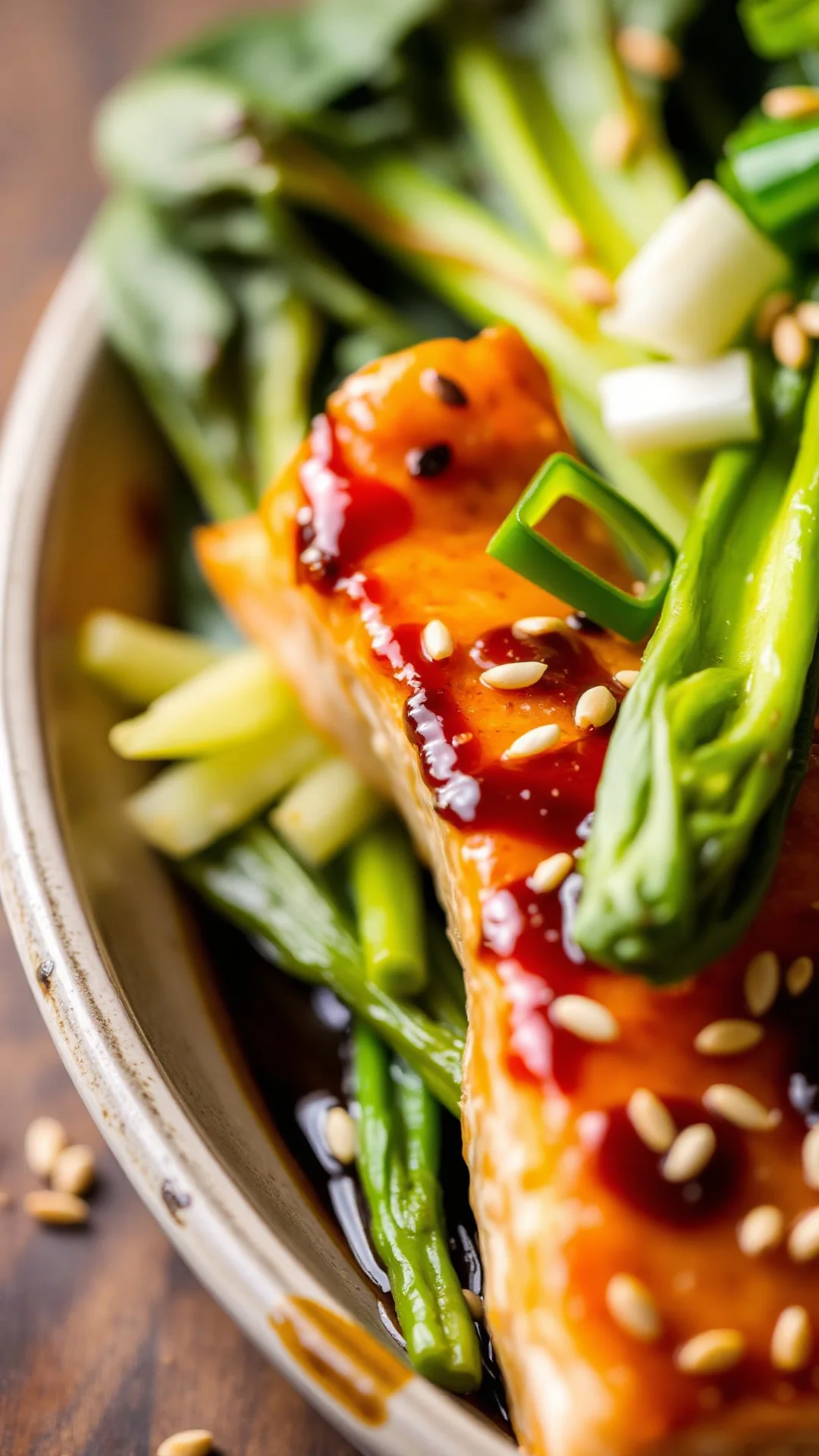 Close-up of crispy salmon skin with tender pak choi, glossy soy-sesame glaze, sesame seeds and green onion garnish, shallow d