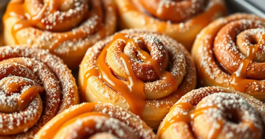 Close-up of fresh golden brown Biscoff cinnamon rolls with caramel drizzle and powdered sugar dusting, warm lighting, bakery