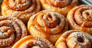 Close-up of fresh golden brown Biscoff cinnamon rolls with caramel drizzle and powdered sugar dusting, warm lighting, bakery