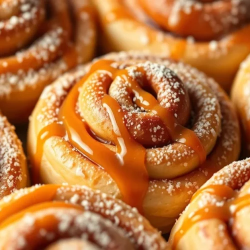 Close-up of fresh golden brown Biscoff cinnamon rolls with caramel drizzle and powdered sugar dusting, warm lighting, bakery