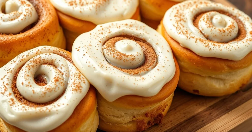Close-up of freshly baked cinnamon rolls with creamy yogurt frosting, golden-brown surface, dusted with cinnamon, on wooden b