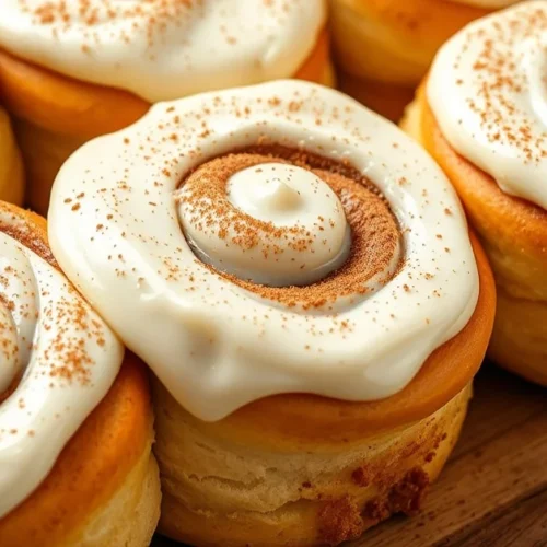 Close-up of freshly baked cinnamon rolls with creamy yogurt frosting, golden-brown surface, dusted with cinnamon, on wooden b
