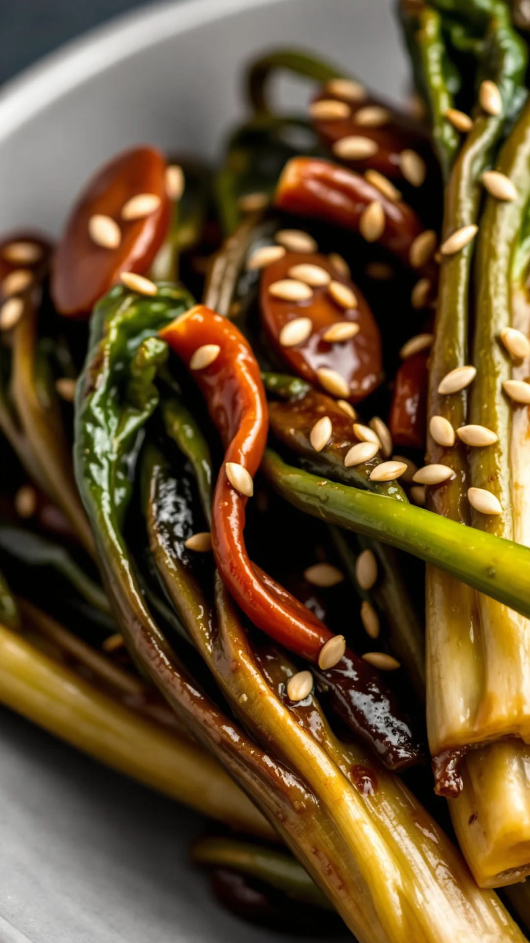 Close-up of glossy stir-fried pak choi with sesame seeds and oil, dark background, professional macro food photography, steam