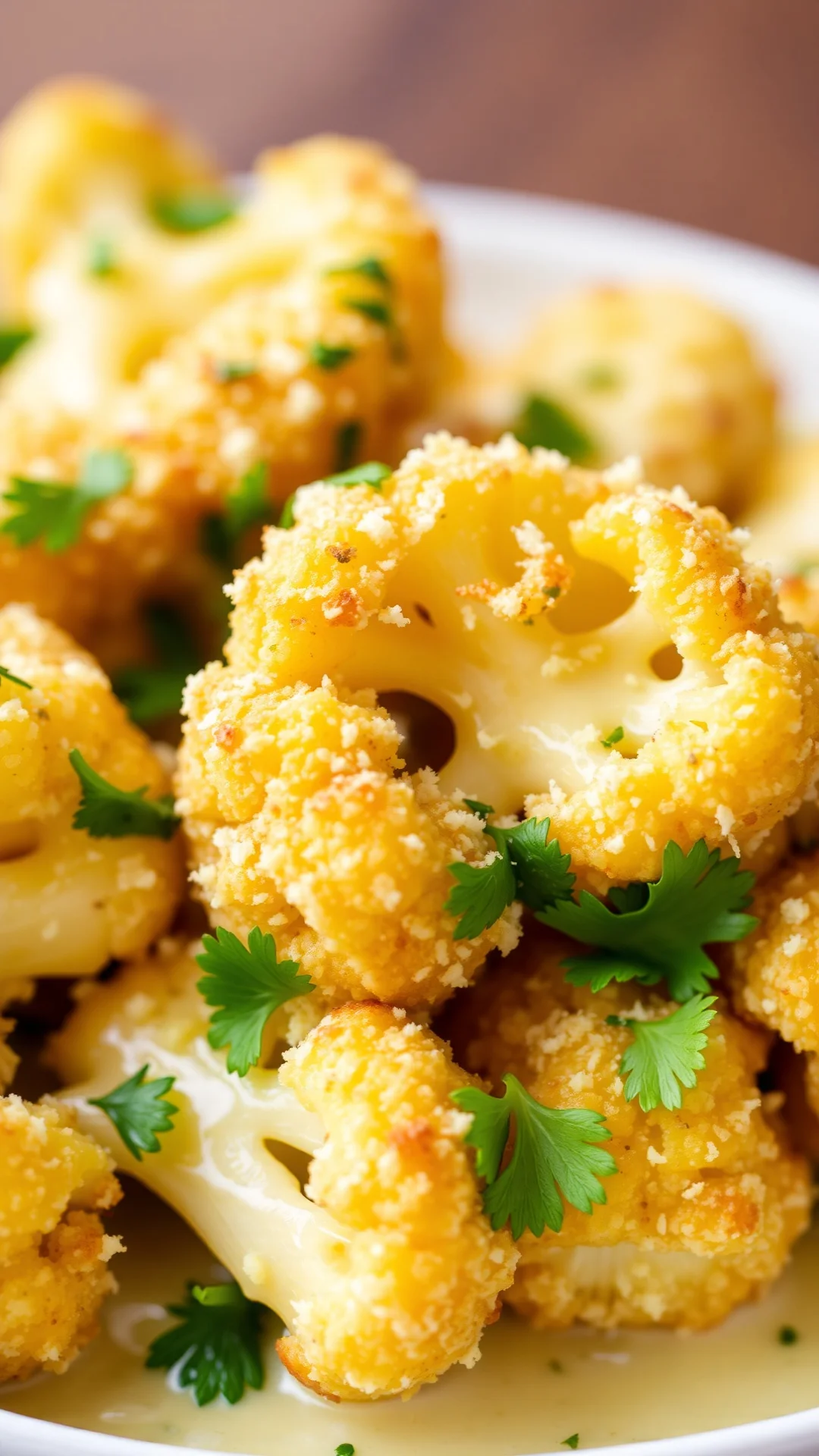 Close-up of golden brown cauliflower florets with crispy parmesan coating, fresh green parsley garnish, creamy butter sauce,