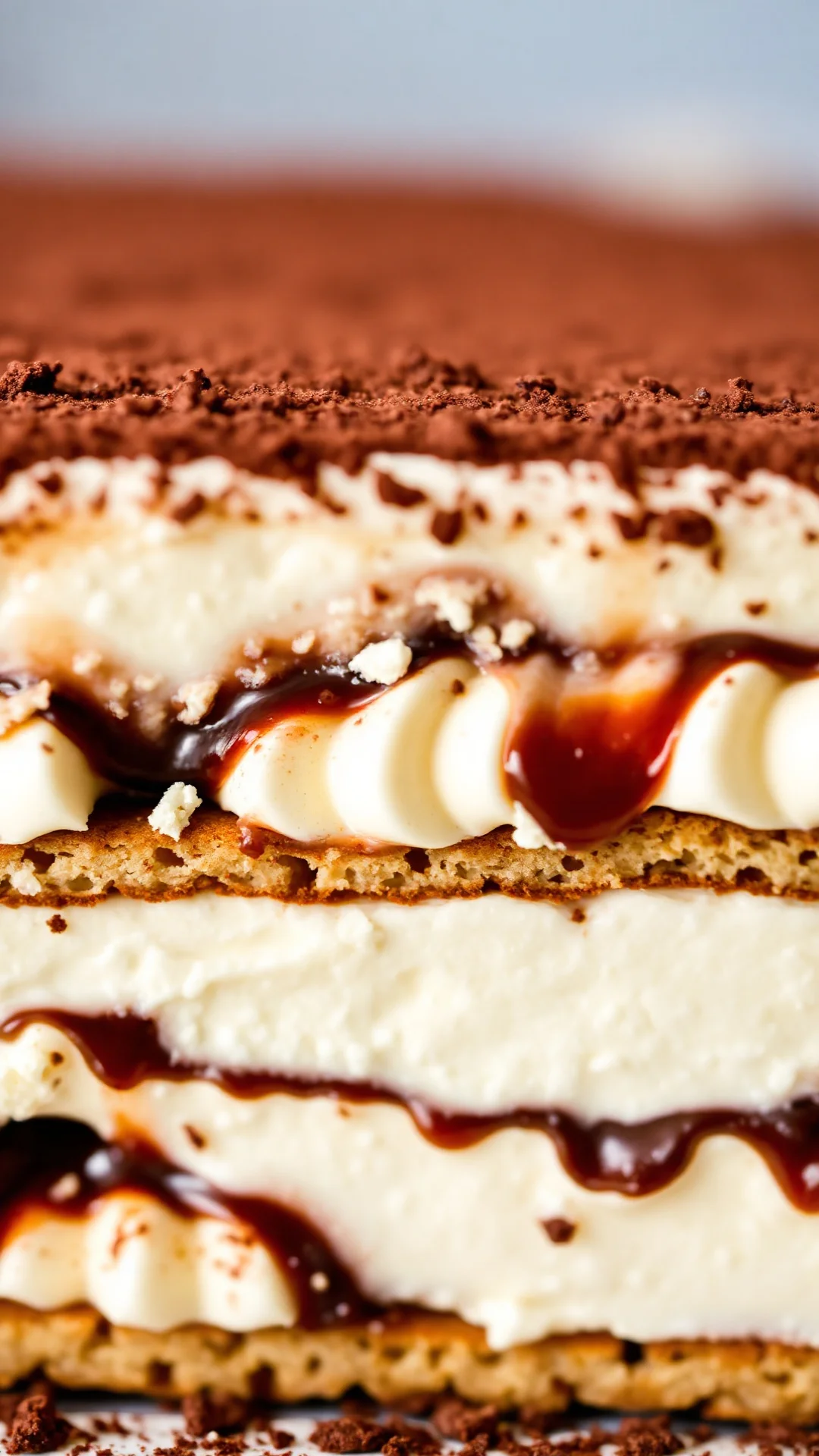 Close-up of layered tiramisu cross-section showing mascarpone cream layer and coffee-soaked ladyfinger biscuits, rich cocoa d