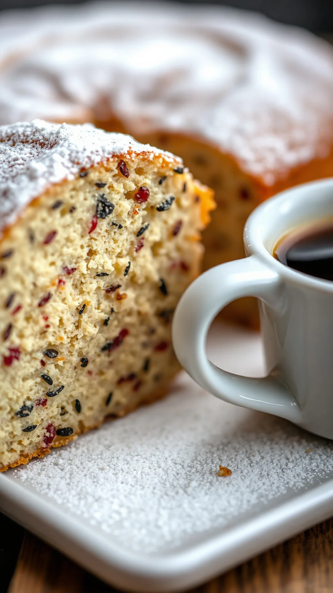 Close-up of moist Polish poppy seed cake slice showing texture detail, dusted with white powdered sugar, coffee cup beside, s