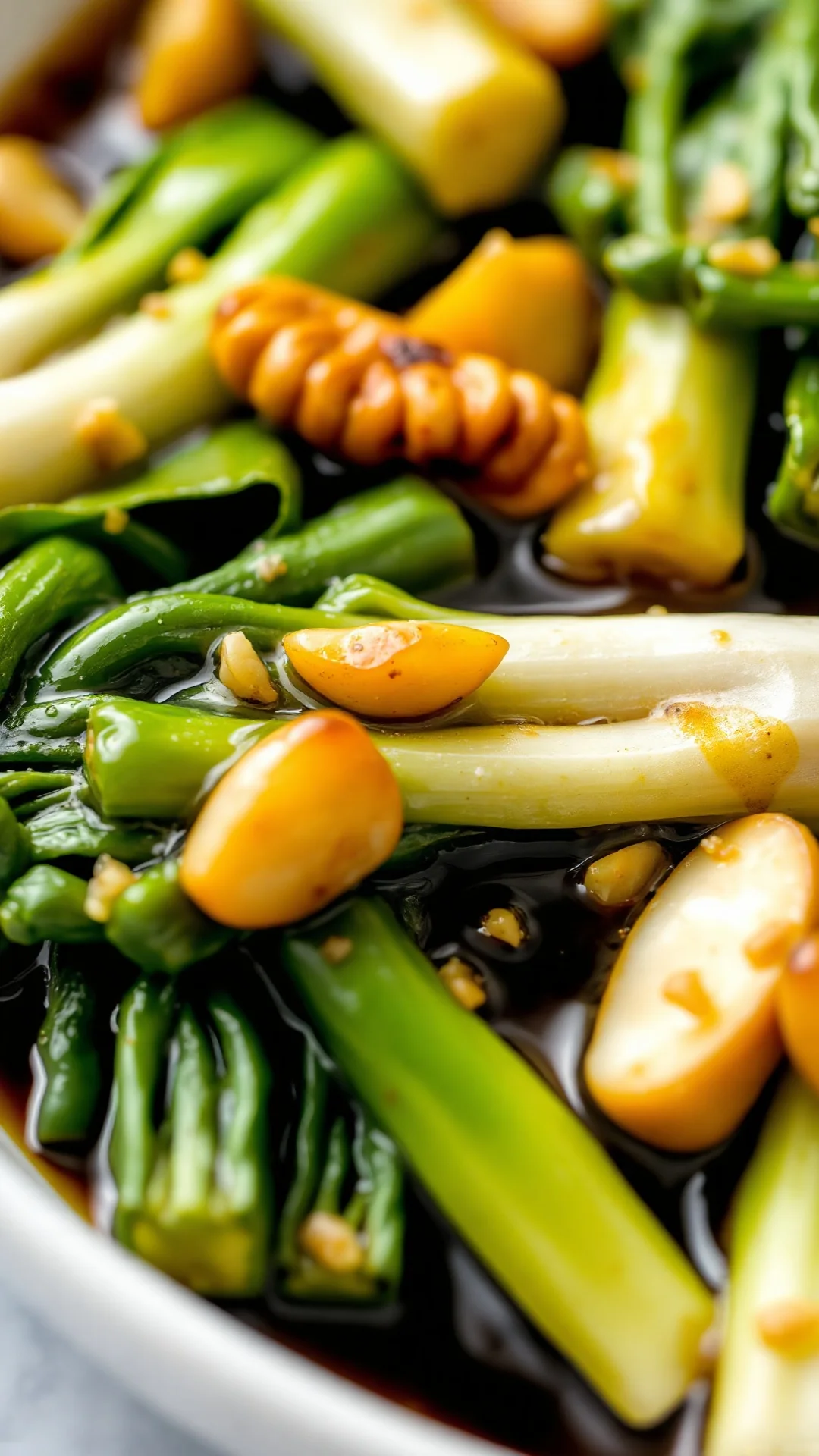 Close-up of pak choi in oyster sauce with golden garlic, steam rising, professional food photography, vibrant green vegetable