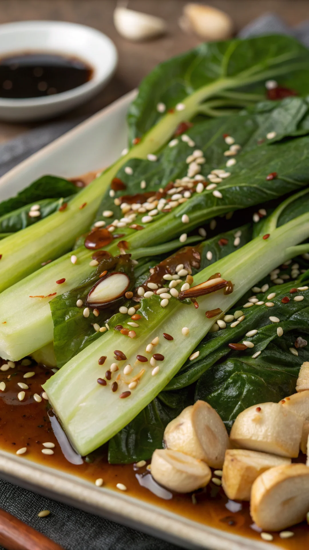 Close-up of pak choi leaves and stems with sesame seeds scattered on top, soy sauce drizzle, fresh garlic and ginger visible,