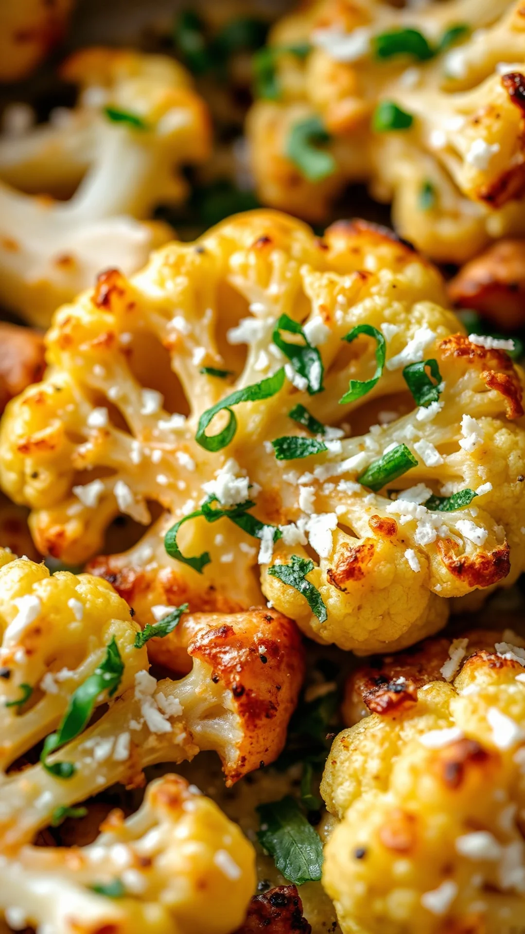 Close-up of perfectly roasted cauliflower with crispy golden edges, parmesan cheese sprinkled on top, fresh green herbs garni