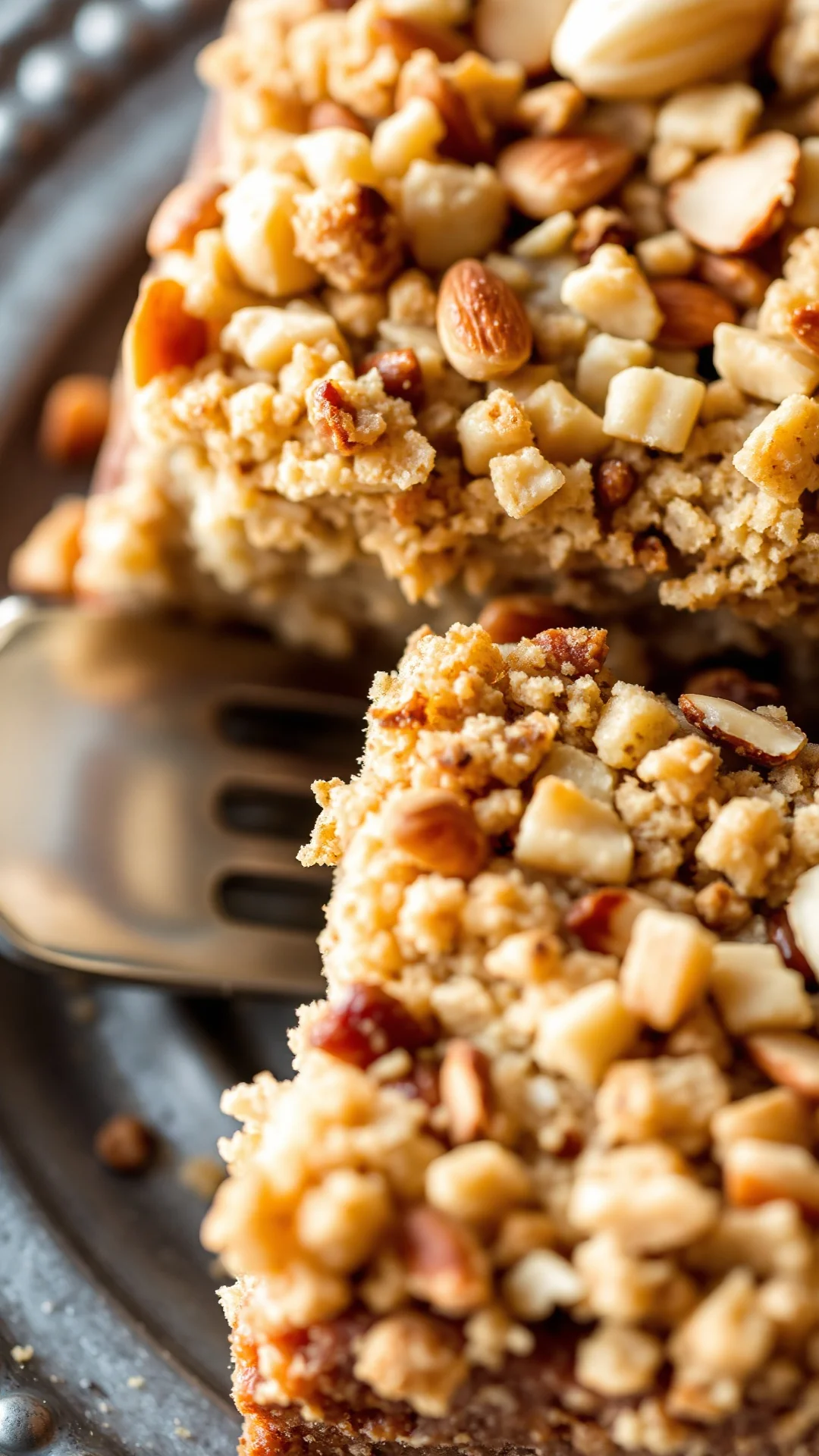 Close-up of poppy seed cake slice with golden streusel crumble on top, almond pieces visible, moist tender crumb texture, for