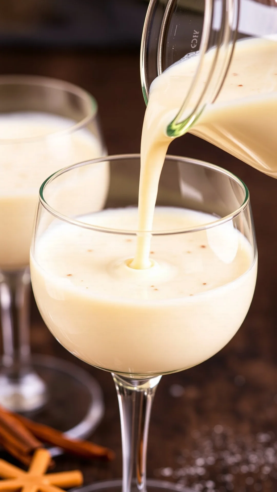 Close-up of pouring creamy vanilla eggnog into elegant glass, golden rich texture, vanilla specks visible, warm professional